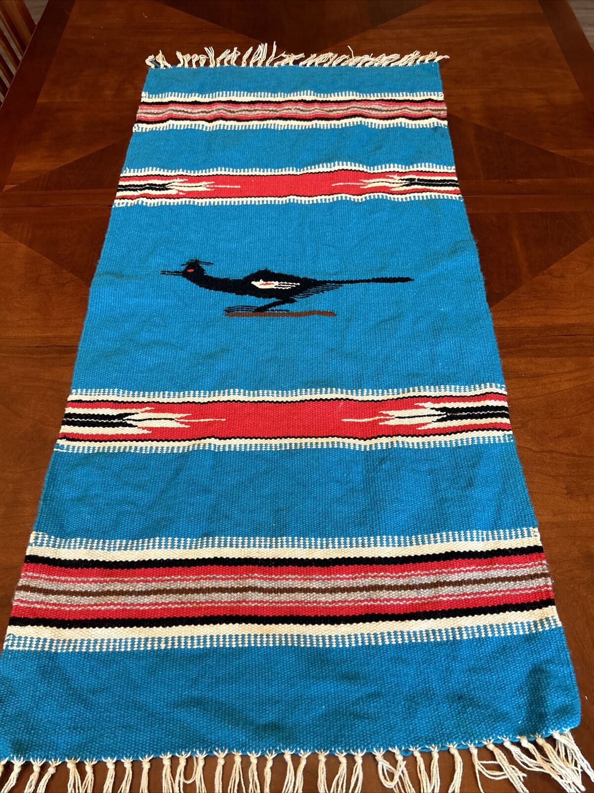 Vintage Mexican Chimayo Roadrunner Hand made Rug Wall Hanging Blue Red Runner