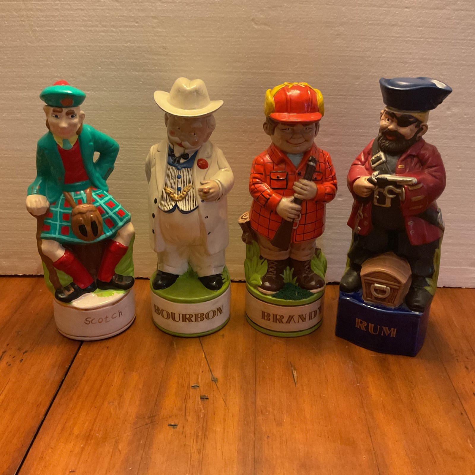 Vintage Alberta's Molds Ceramic Decanters Lot 4 Scotch Bourbon Brandy Rum 1960s