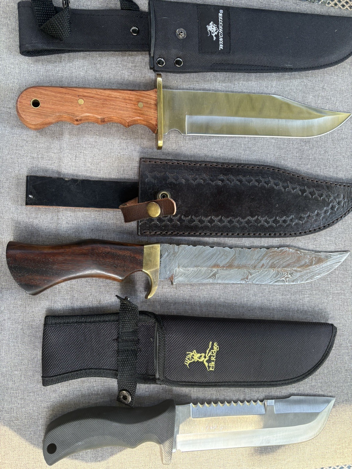 LOT OF 3 PCS Damascus Steel, survival, and bowe styled knives with sheathes WOW