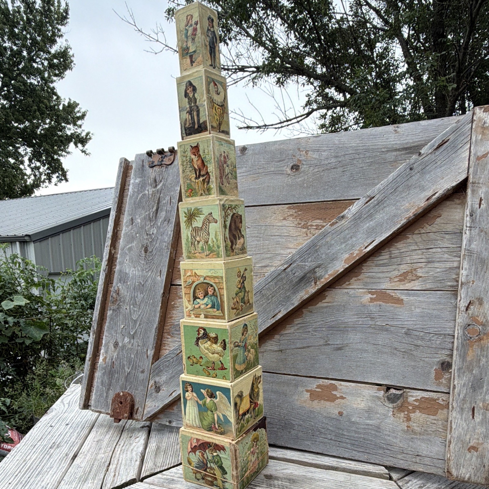 Antique toy storybook alphabet wood stacking/nesting paper lithograph blocks