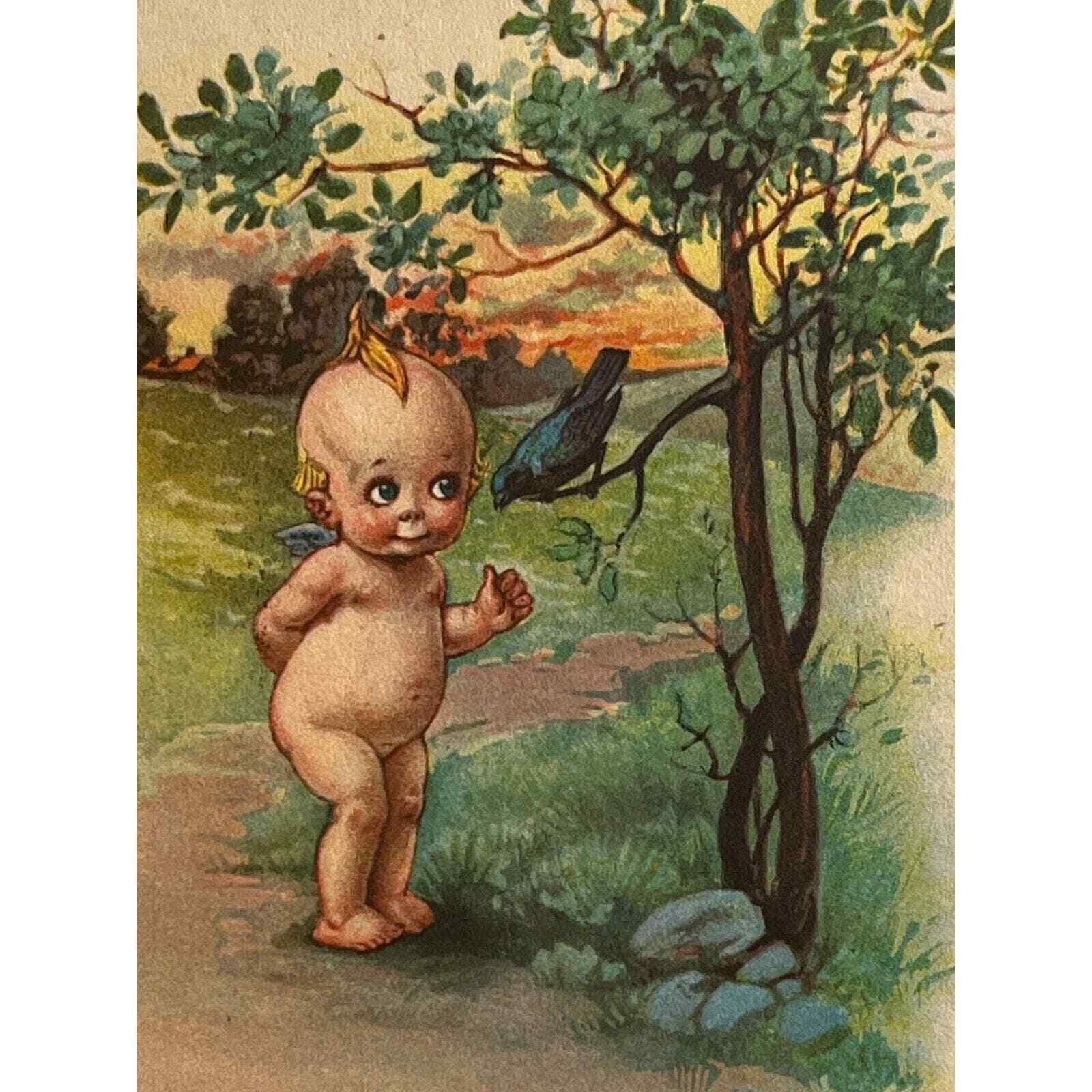 Antique 1916 Ephemera Gartner & Bender Postcard Humorous “Kewpie” Baby Raven SEE