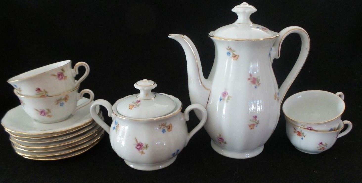 RARE 18 peice Antique Oscar Schaller COFFEE POT SET SUGAR BOWL 6 CUPS 8 SAUCERS 
