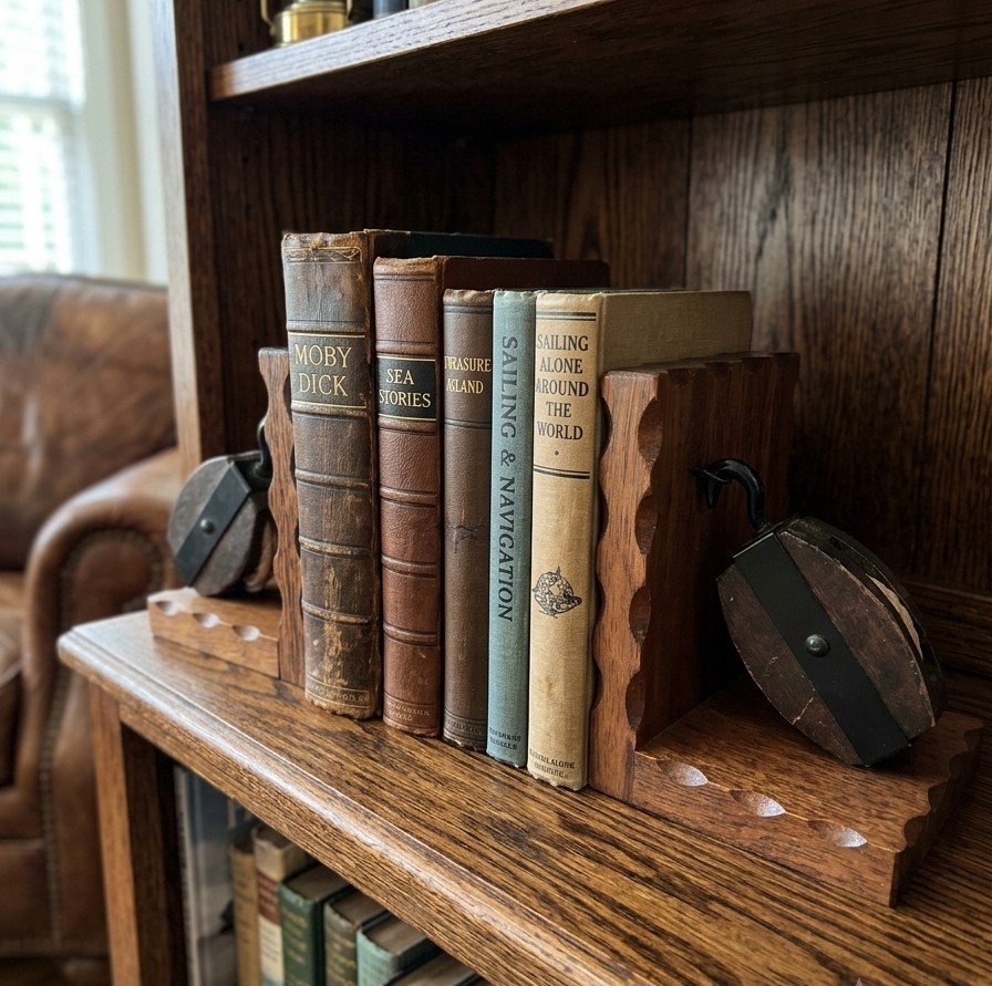Vintage Rustic Nautical Wood Pulley Bookends - Scalloped Edge Heavy Duty Decor