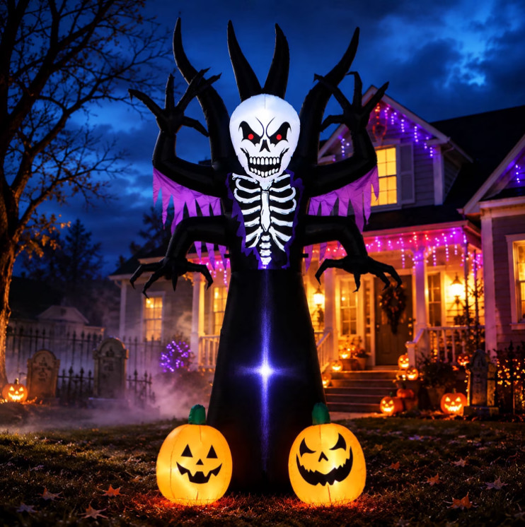 Árbol Esqueleto Inflable Halloween 8 Pies con Luces LED Calabazas y Segador