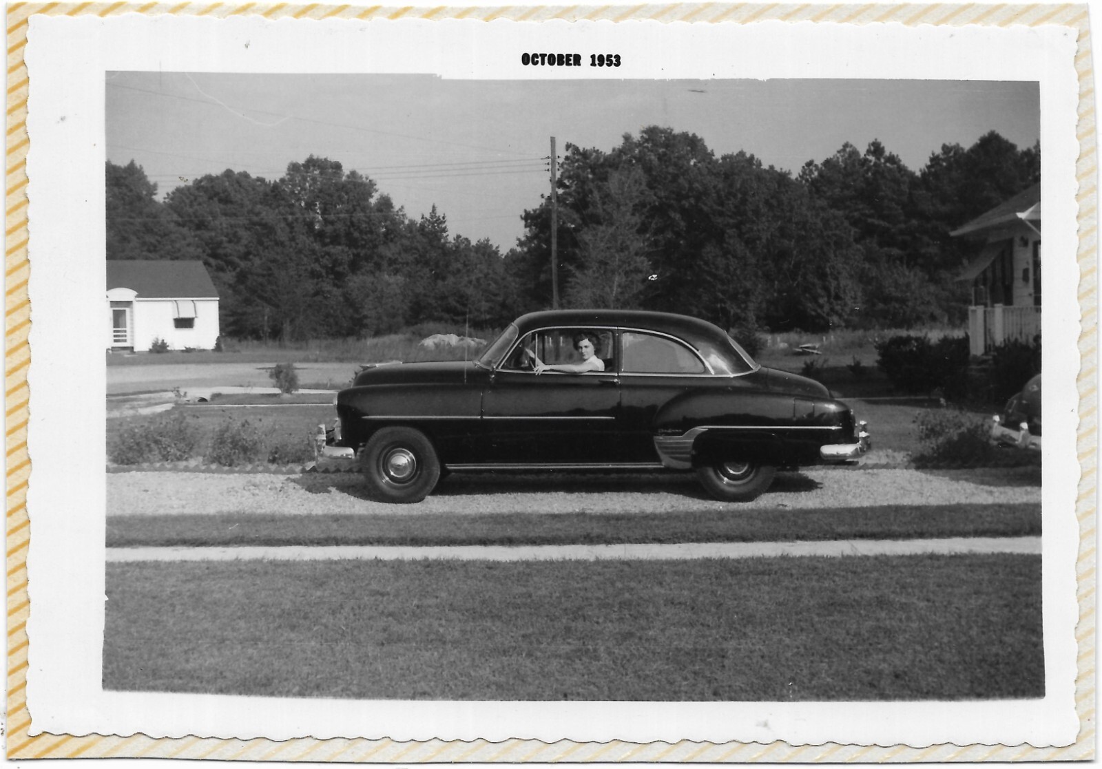 2 vintage photos man woman 1952 1953 Chevy deluxe car