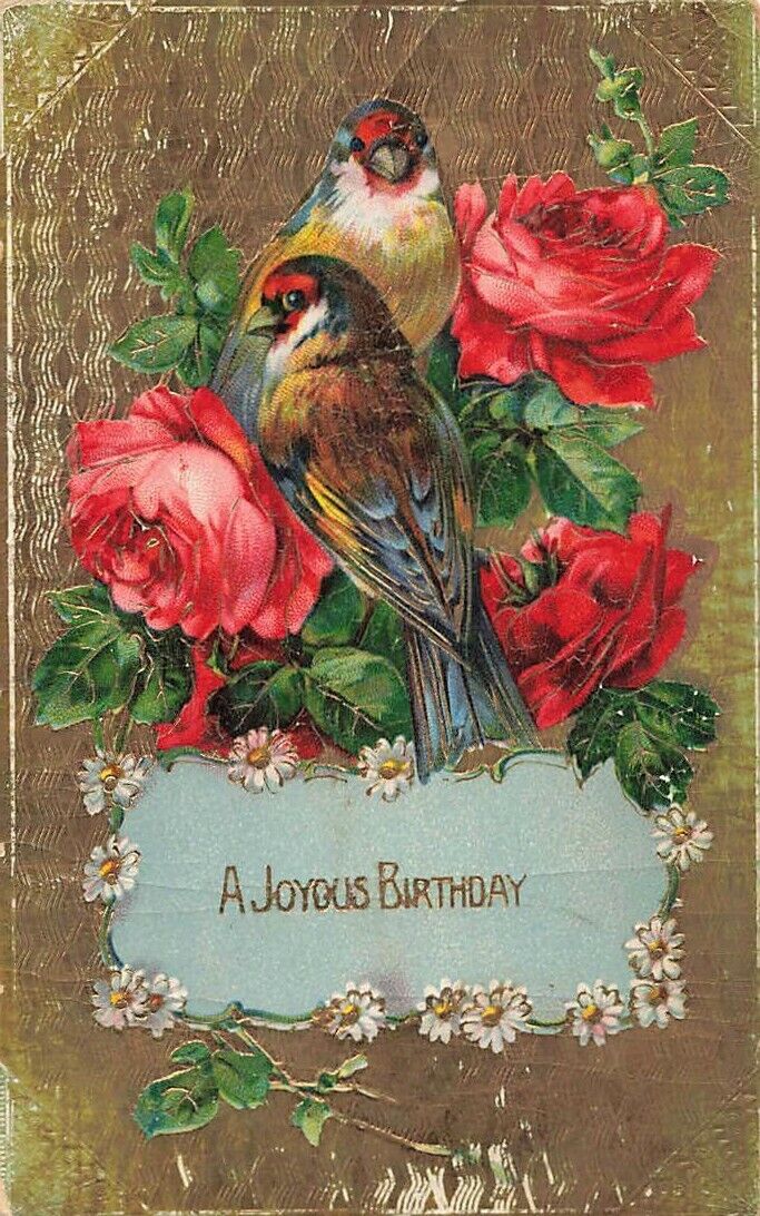 c1910 Birds Songbirds Roses Gold Birthday Wishes German P326x