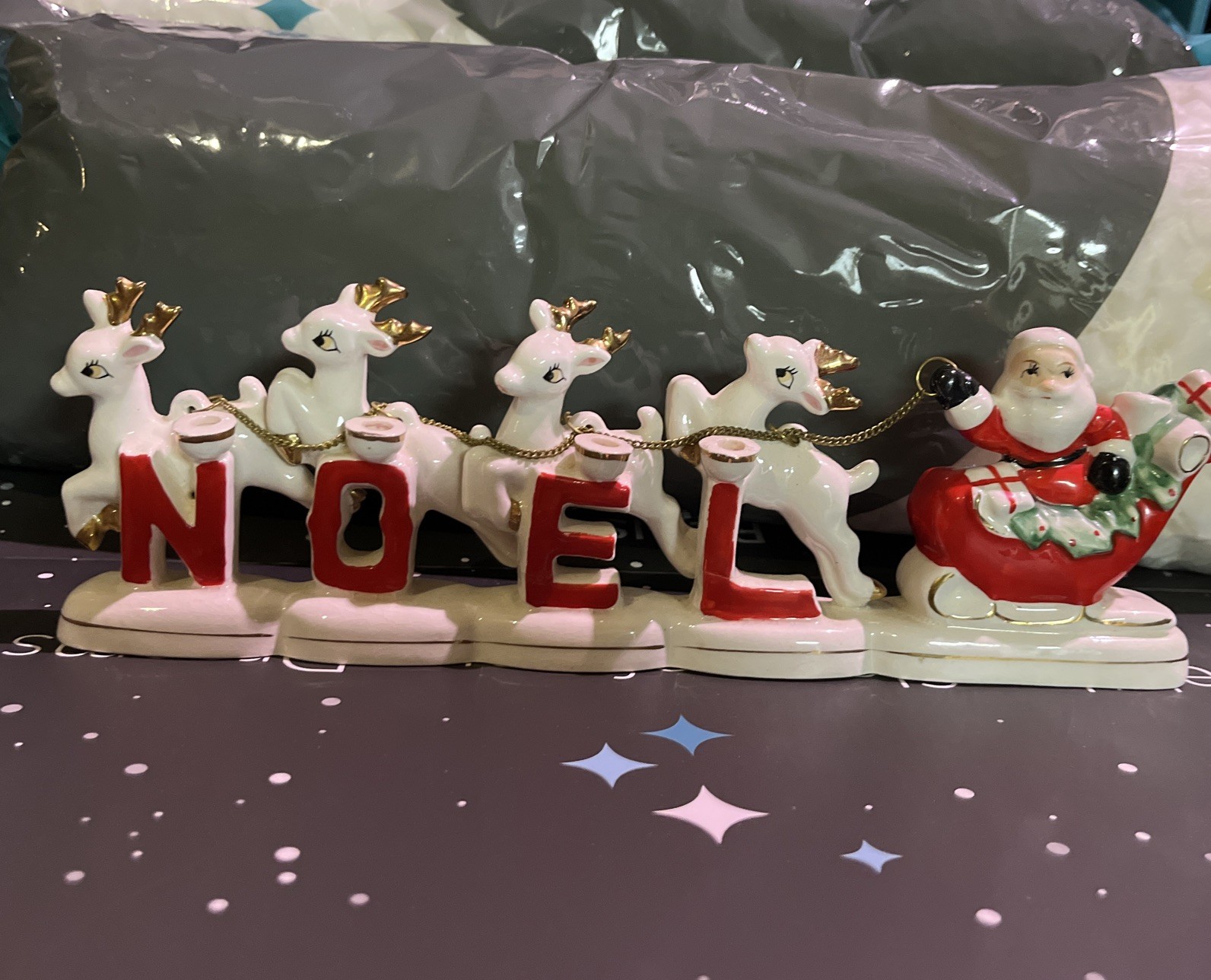 Vintage Relco Ceramic Santa Claus Sleigh Reindeer Candleholder Christmas Japan