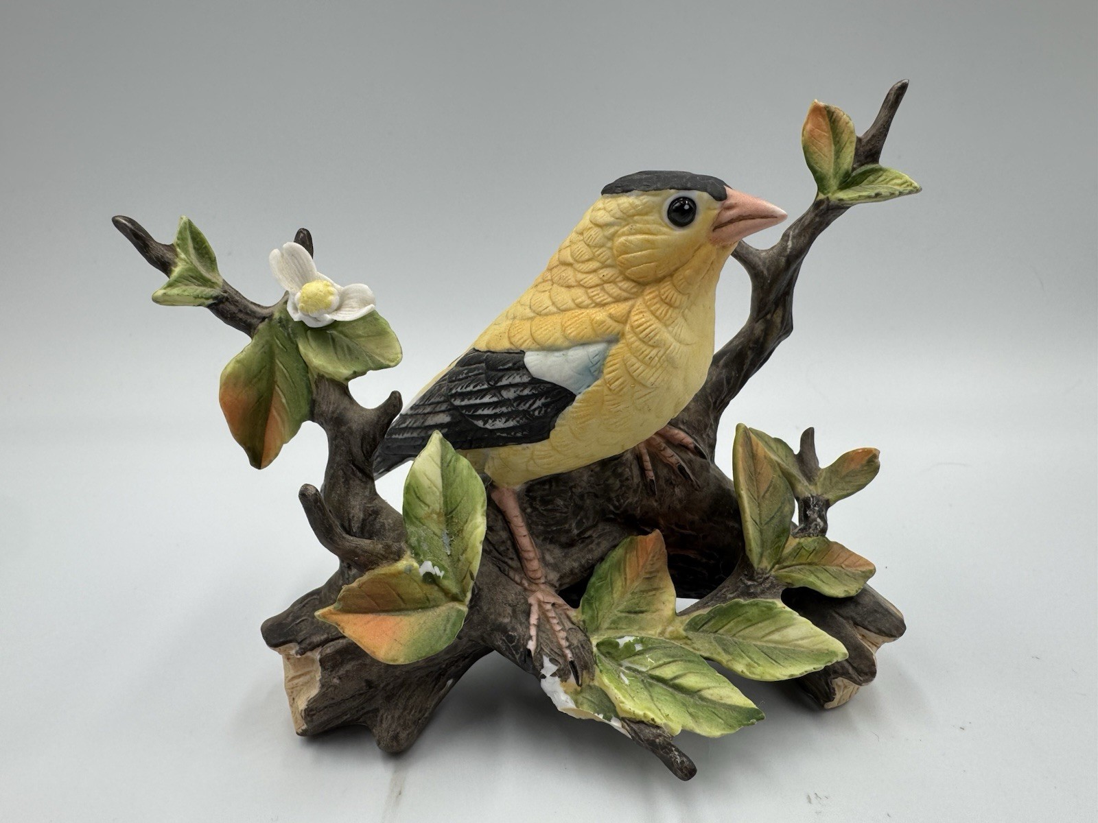 Vintage Lefton Goldfinch Bird Magnolia Blossom Branch Hand Painted 1983 As-is