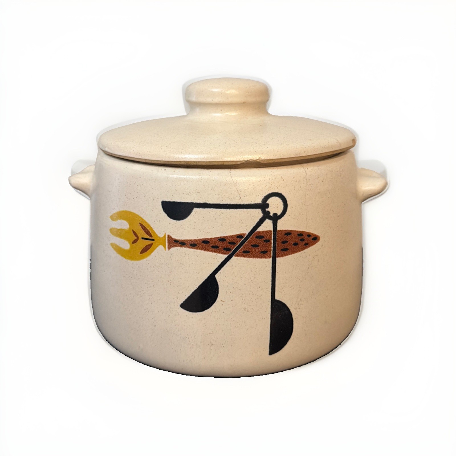 Vintage West Bend USA Stoneware Bean Pot With Mid-Century Utensil Design