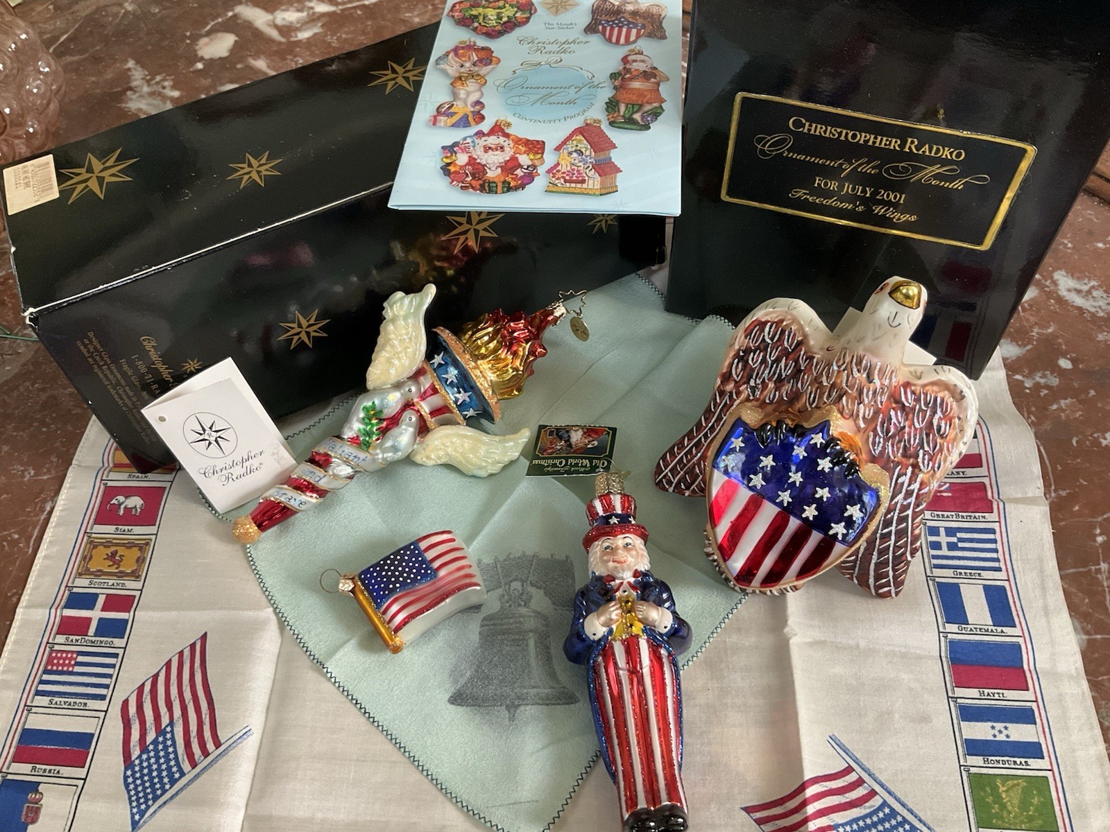 AMERICA 250 ~ VINTAGE PATRIOTIC lot ~ RADKO ornaments ~OWC ~FLAG pins ~