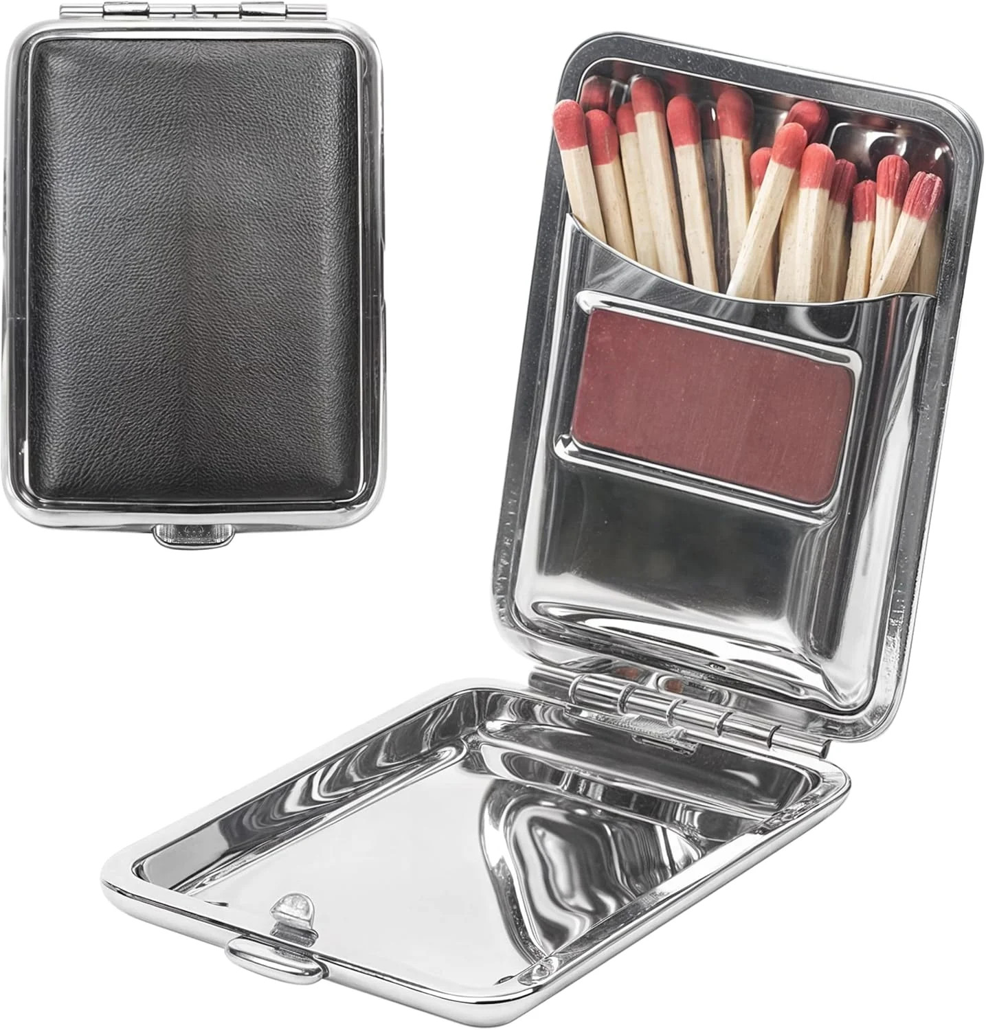 Metal Match Box Case Stainless Steel Matchboxes with Friction Plate Striker, Mat