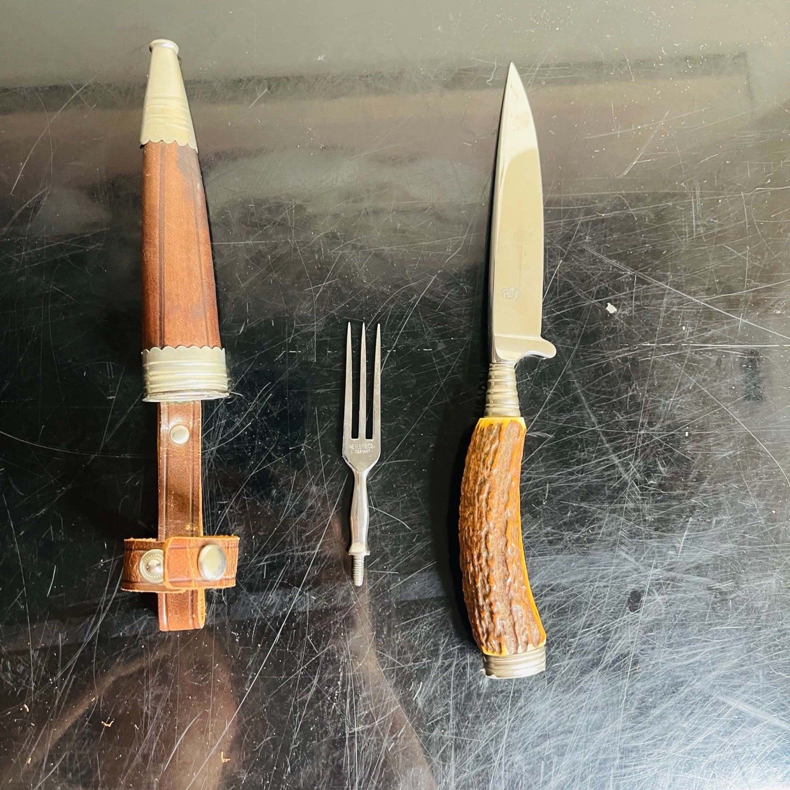 Rare Vintage GERMAN HUNTING KNIFE WITH FORK Henley & Co Solingen Germany Stag