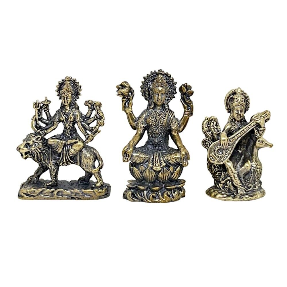 Three Goddesses Lakshmi Parvati Saraswati Hindu God Shakti Amulet Brass Idol Set