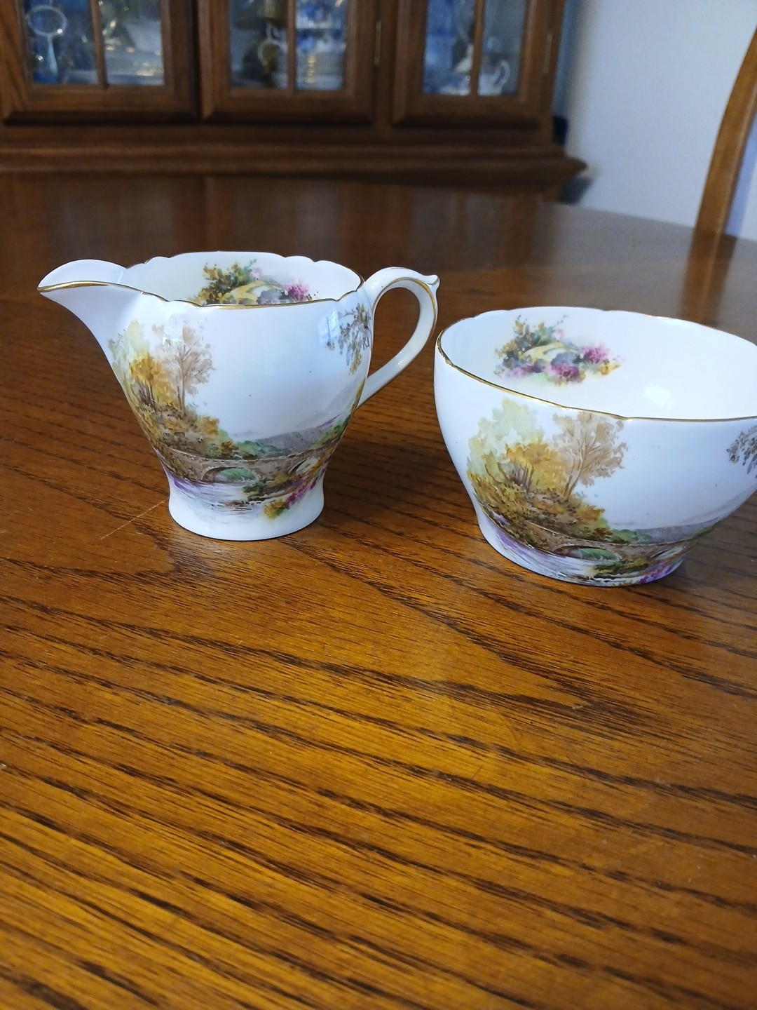Shelley Heather Creamer&Sugar #0187 GoldTrim BoneChina ENGLAND