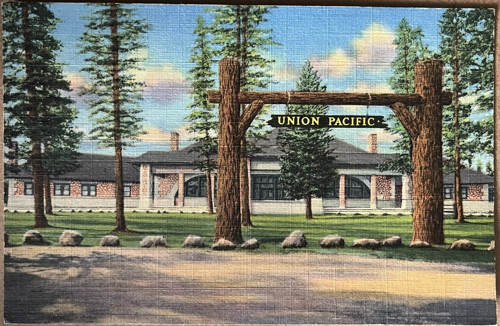 West Yellowstone Union Pacific Train Depot Montana Postcard c1940