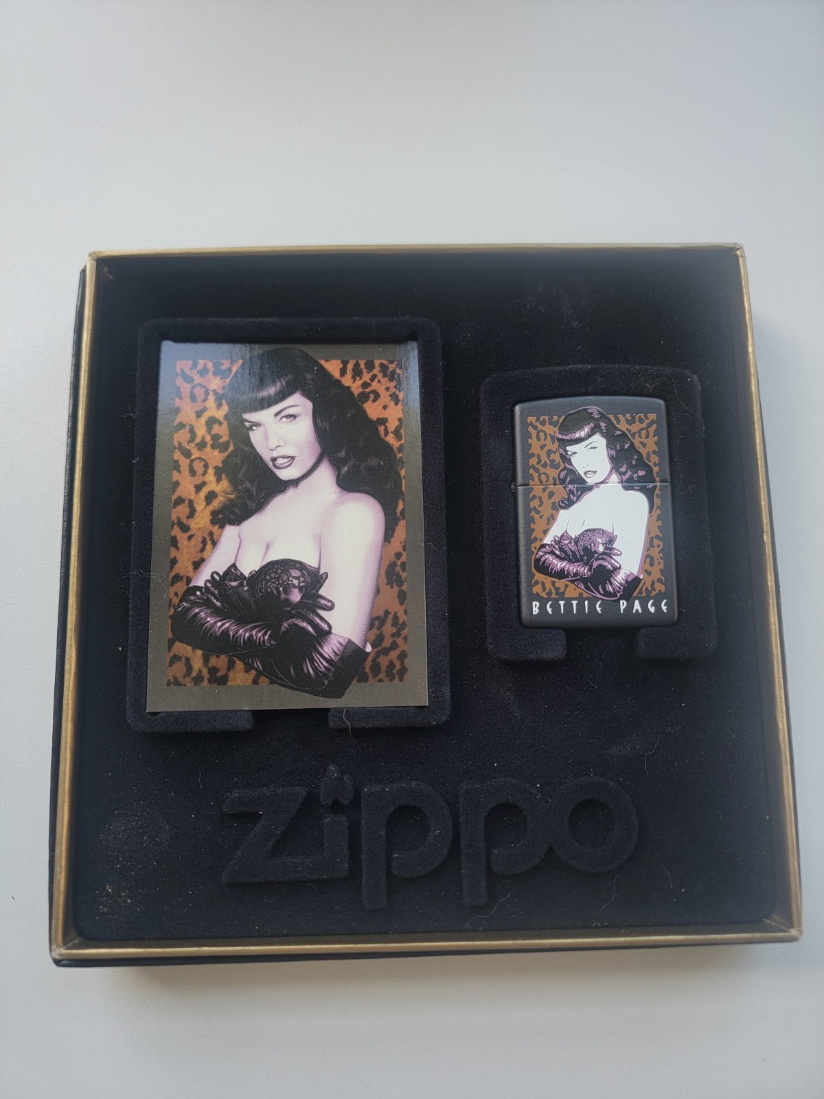 1998 Zippo Bettie Page in LEOPARD Black Matte Unfires in box