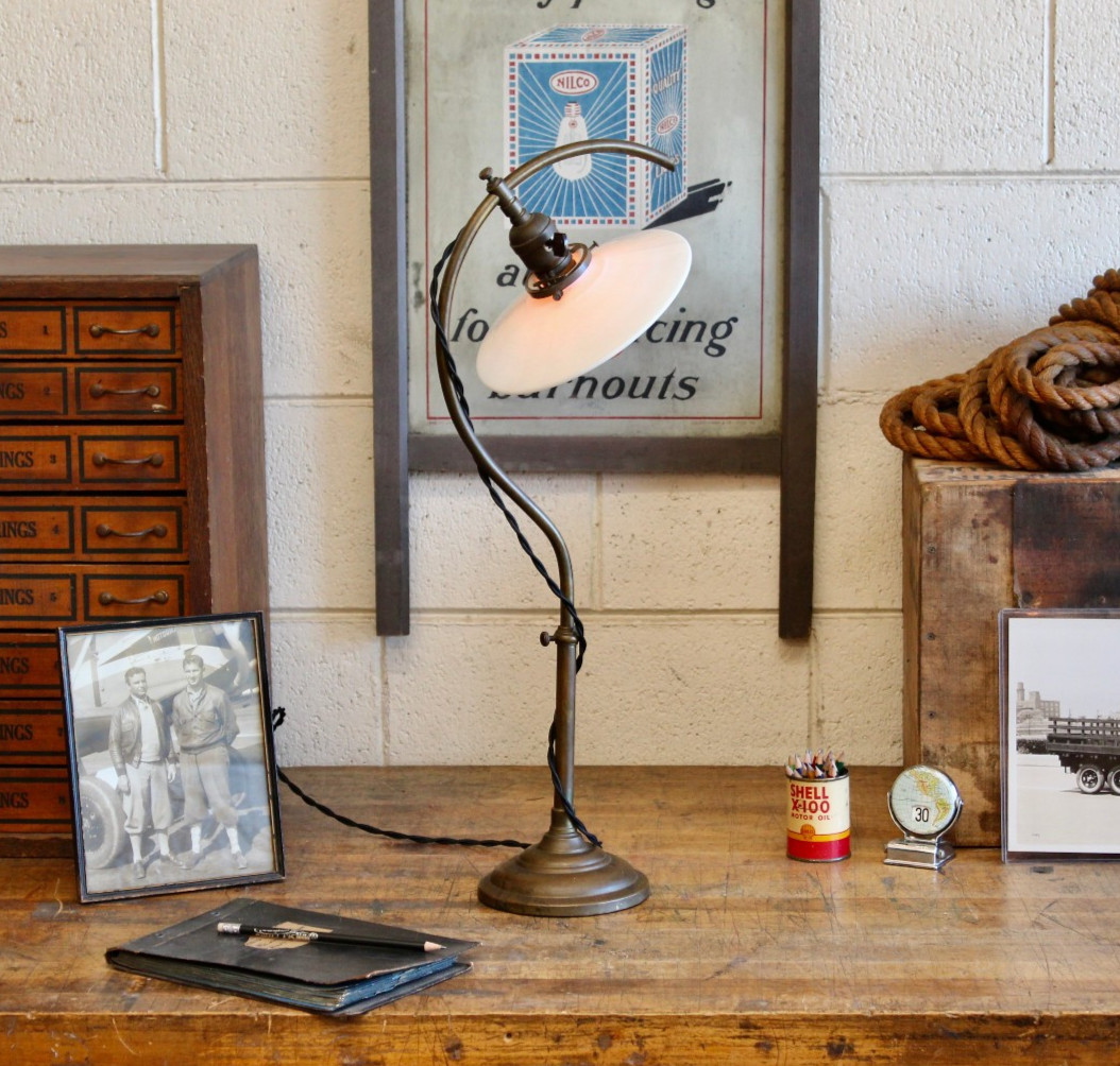 Vtg Antique Faries #22 Industrial Brass Desk Lamp Light Milk Glass Shade 1920s
