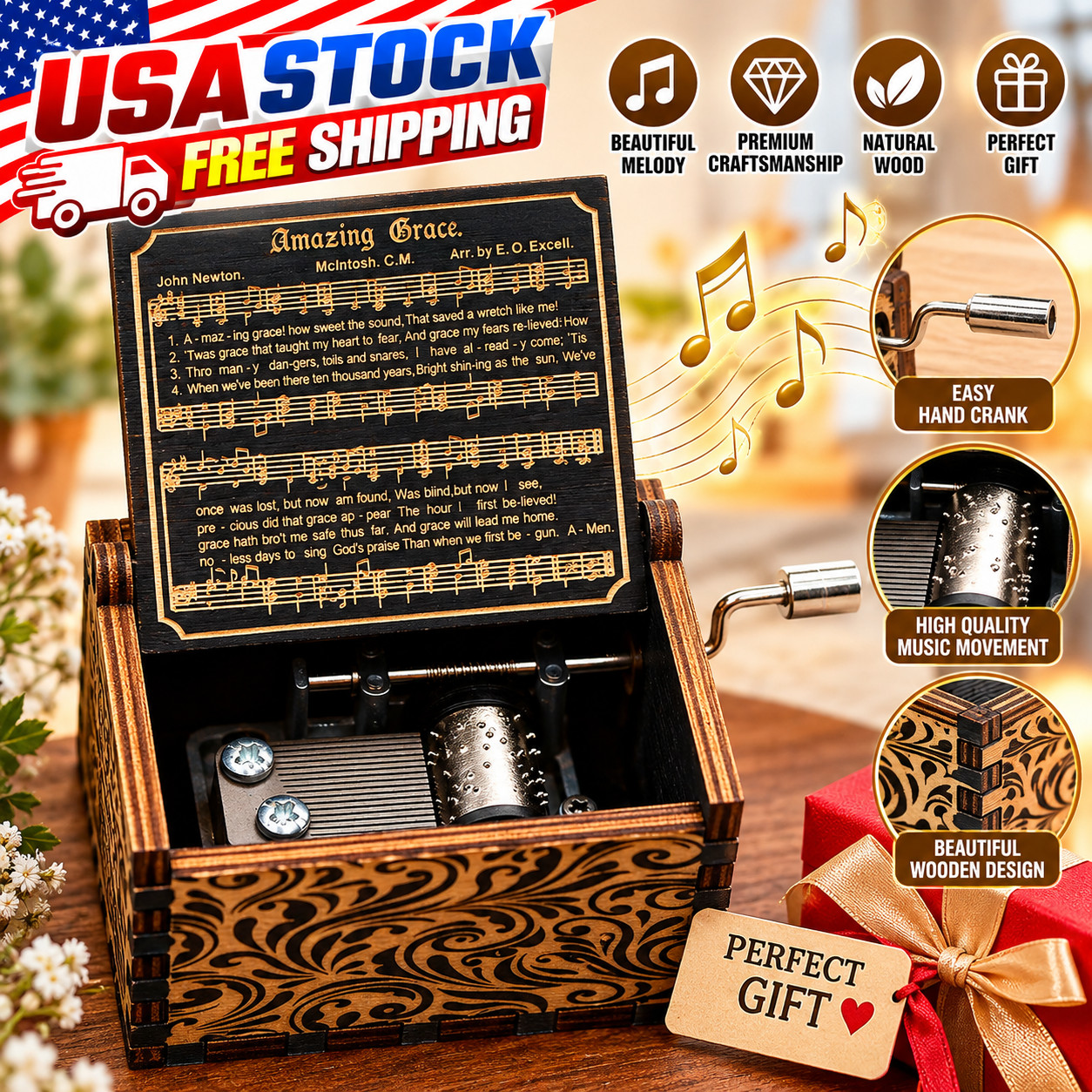Wooden Amazing Grace Hand Crank Music Box Religious Gift