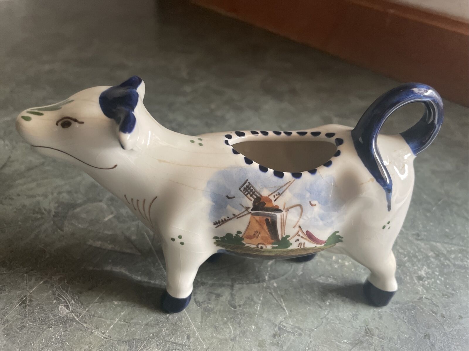 *RARE*Vintage Delft Holland LighthousHand Painted Ceramic White Blue Cow Creamer