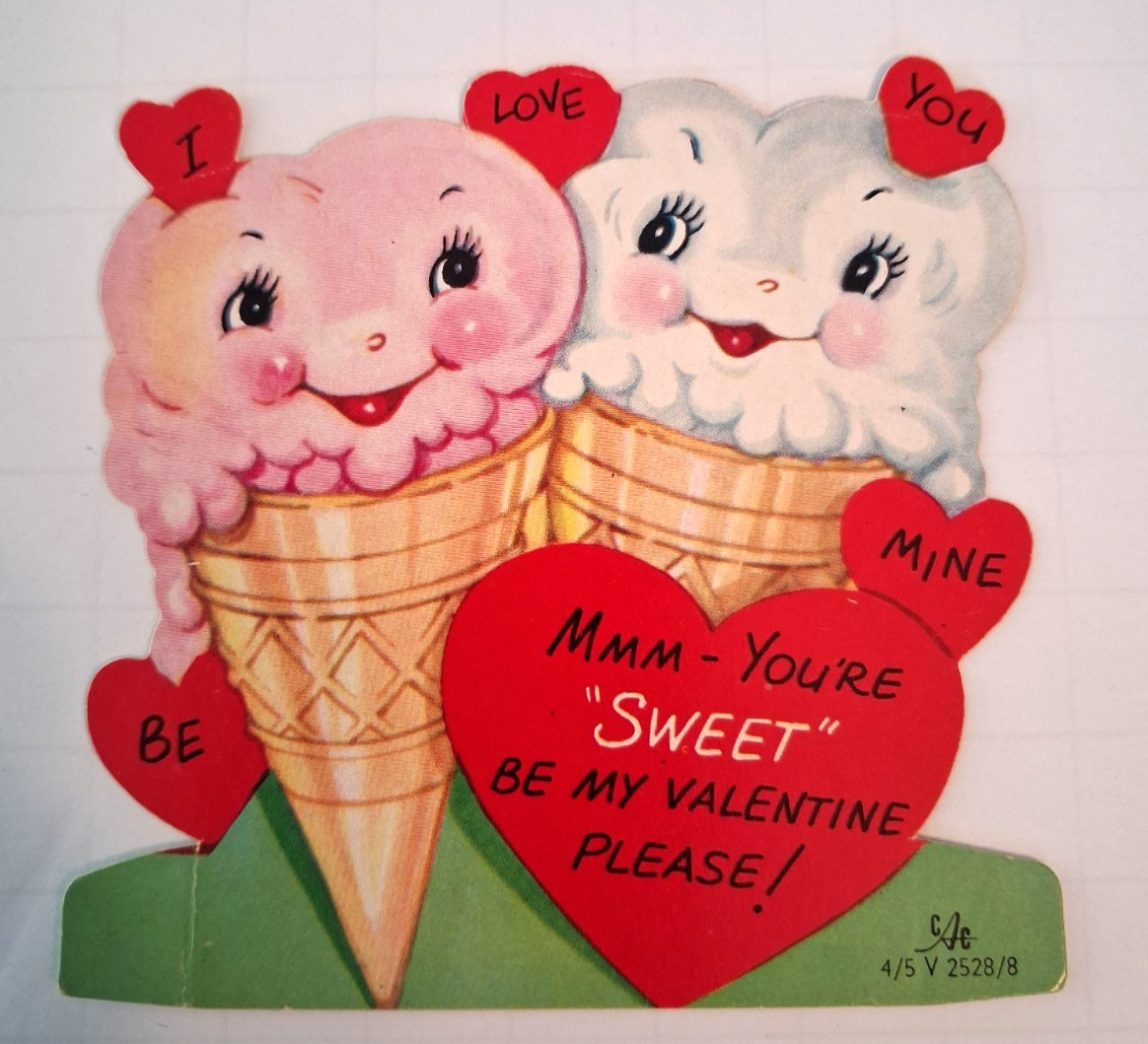 Vintage Valentine Card Anthropomorphic Ice Cream Cones \
