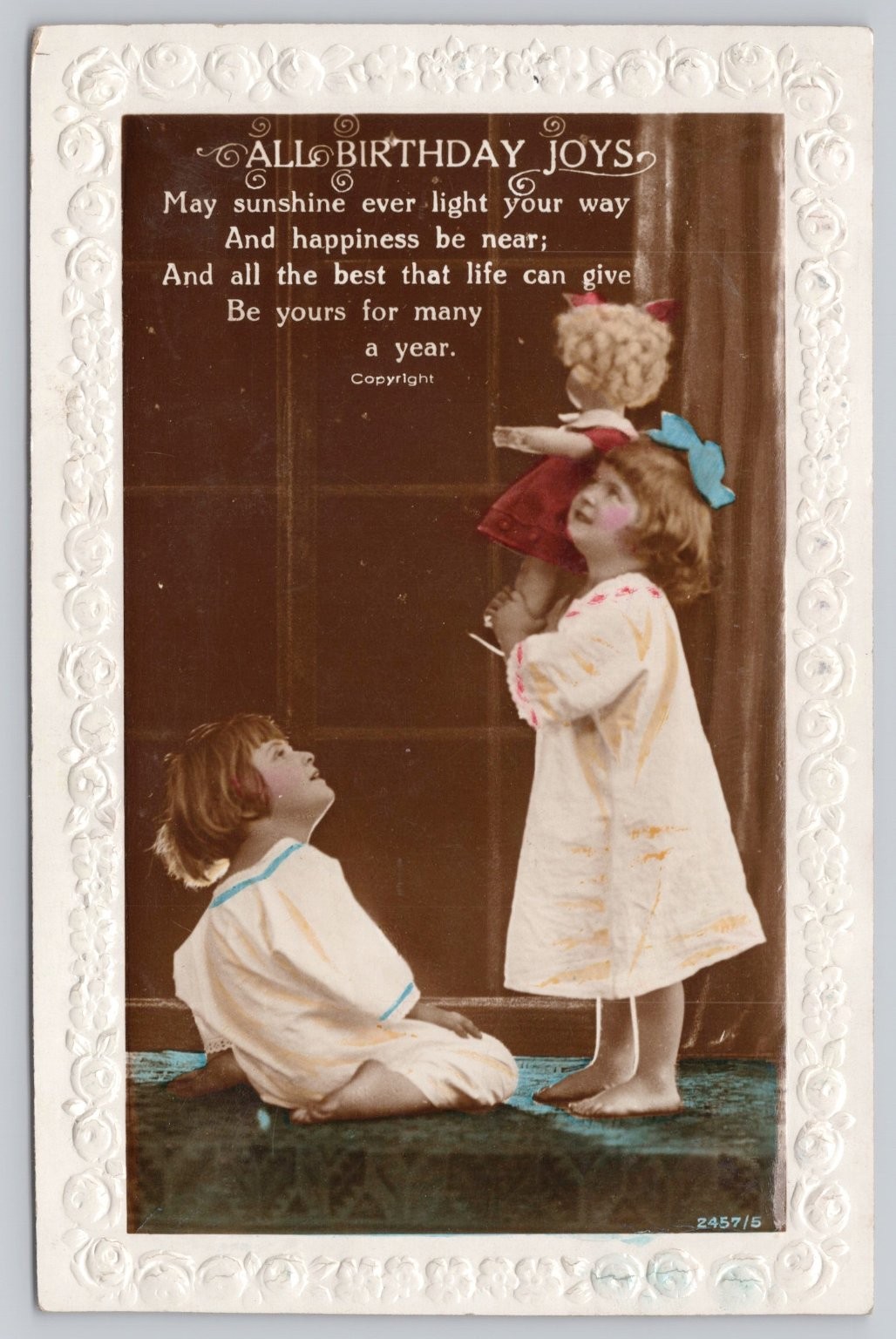 Vintage Embossed Hand Tinted Real Photo RPPC Birthday Postcard Children & Doll