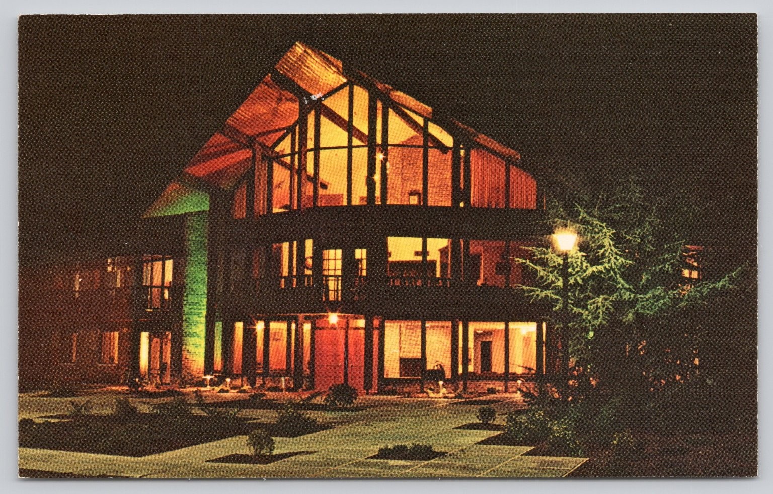 Vintage Photochrome Night View Mid-Century Modern House Postcard