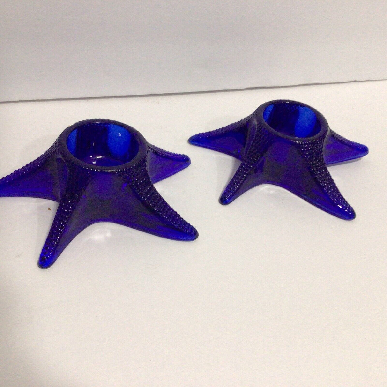 Vtg Cobalt Blue Starfish Candle Holders Indiana Glass Hobnail On Tentacles HTF