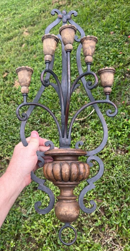 Vintage 5 Arm Wall Candle Sconce Carved Wood Wrought Iron CHAPMAN Italy Italian