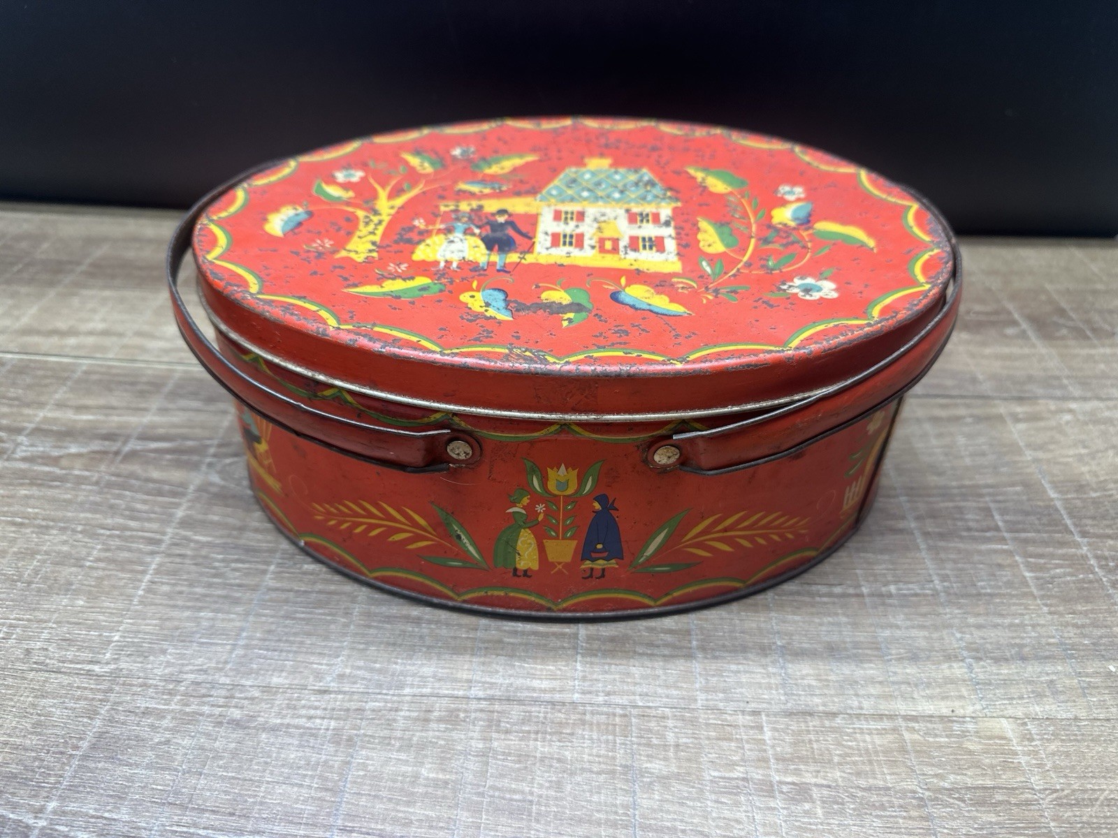 Vintage Red Tin Oval Basket with Handles Picnic Sewing Classic PA Dutch Folk Art