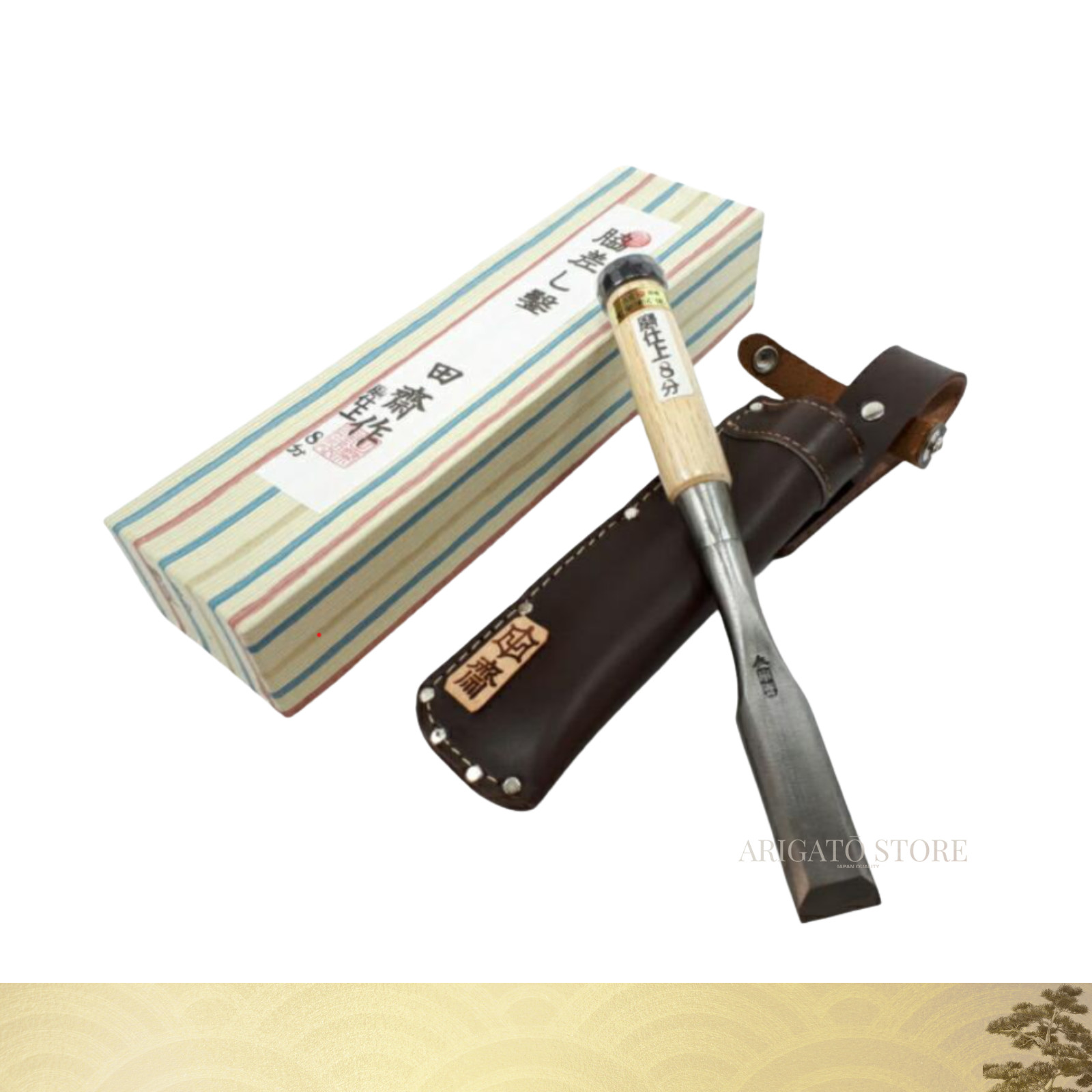 Tasai Wakizashi Nomi 24 mm – Polished Oire Chisel w/ Leather Sheath – Japan 田斎