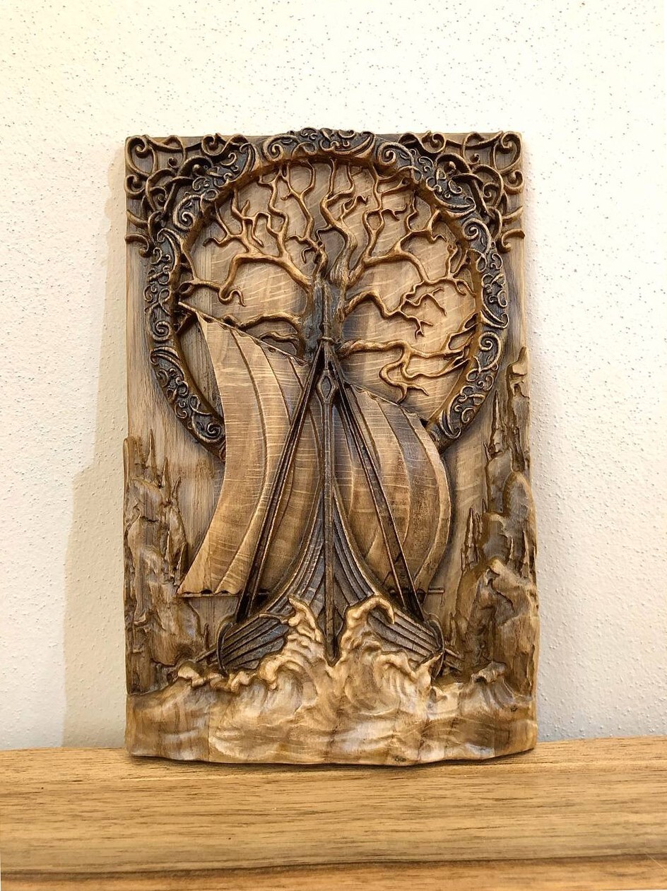 Wooden carved Viking Ship Tree of Life, Norse Mythology,  Yggdrasil, Drakkar