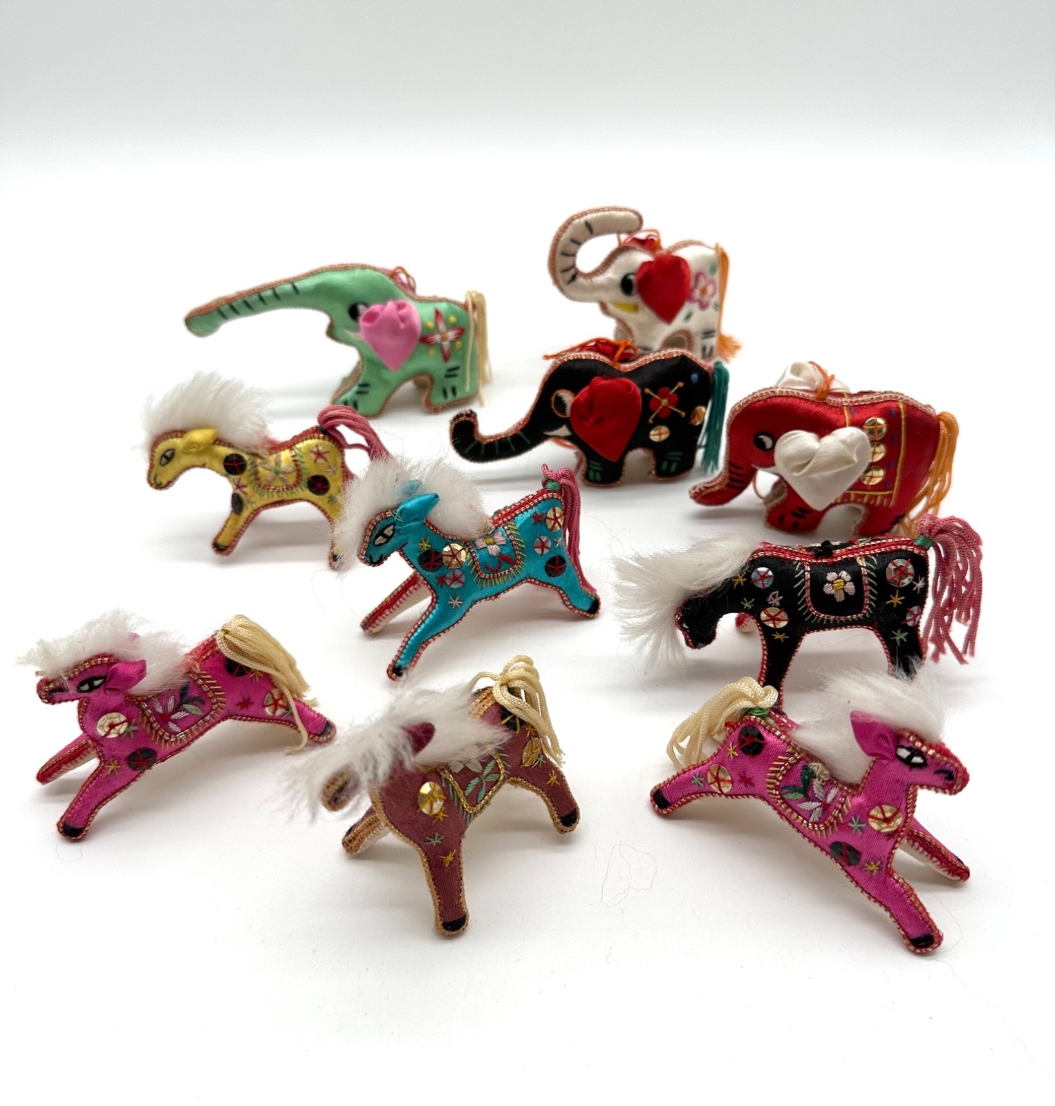 10 VTG Chinese Satin Silk Embroidered Animals Figurines Folk Art Missing Strings