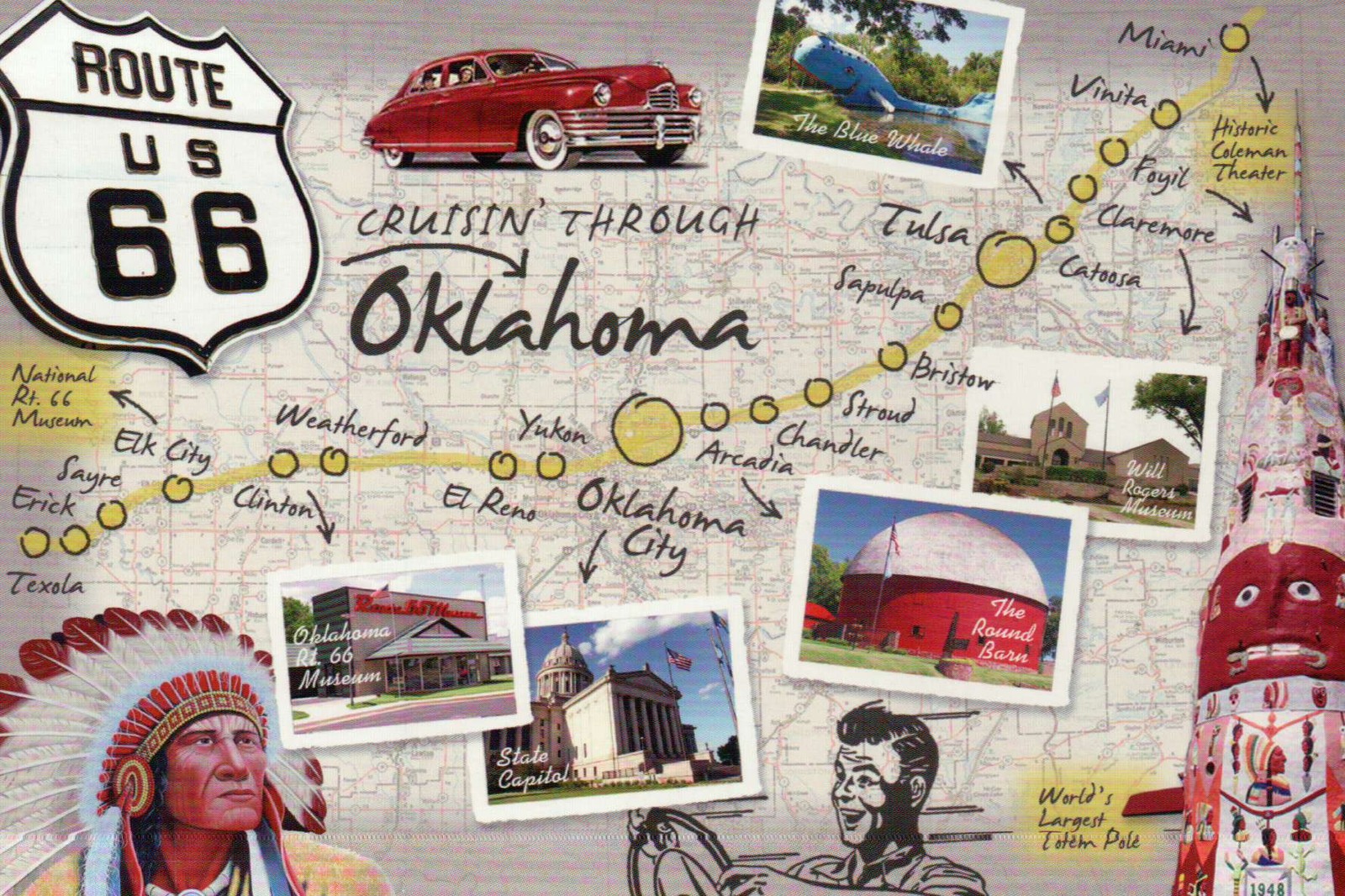 Route 66, Cruisin' Through Oklahoma, Highway, Tulsa, OK City etc. - Map Postcard