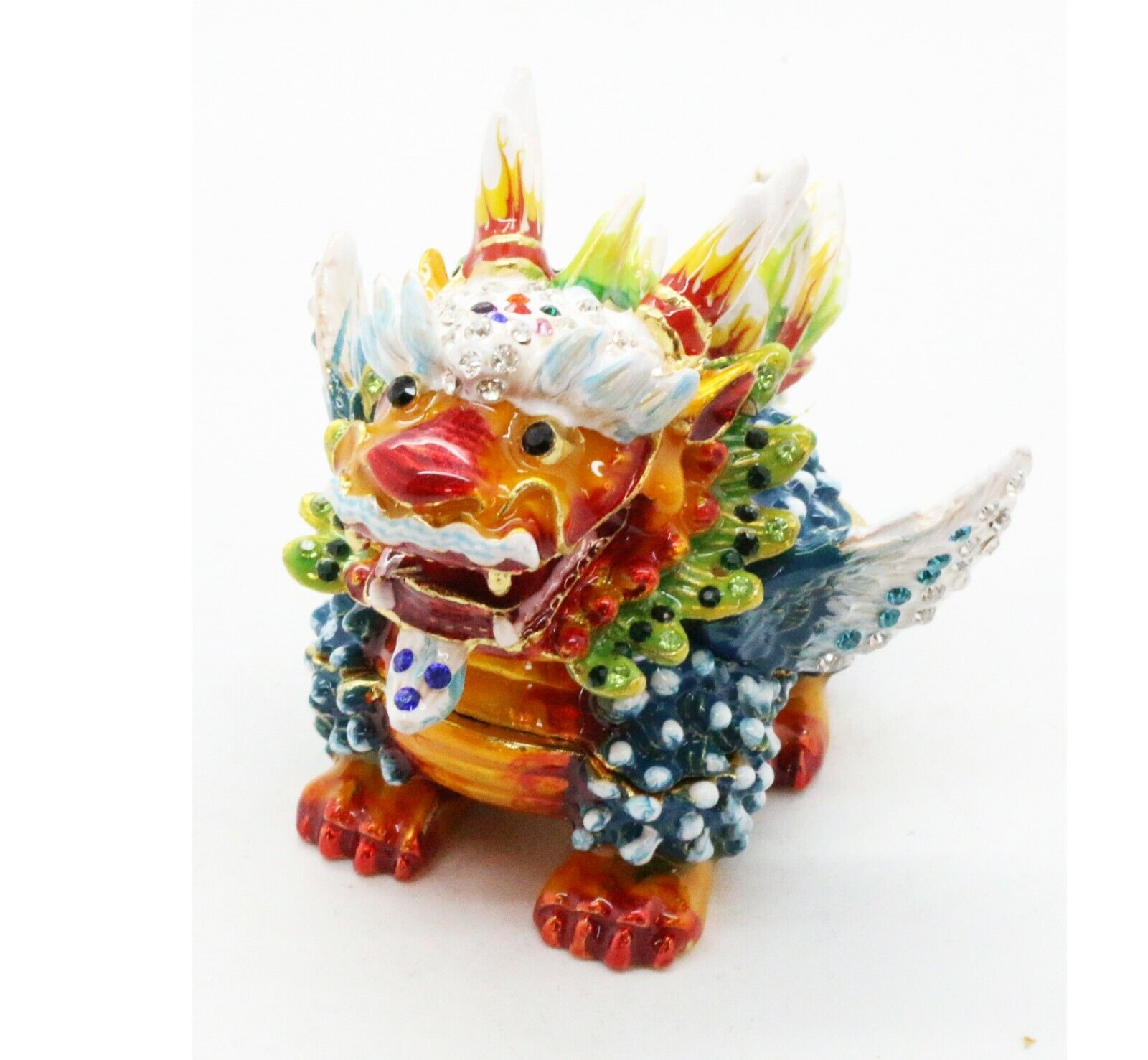 Bejeweled Enameled Animal Trinket Box/Figurine With Rhinestones-Qi Lin Dragon