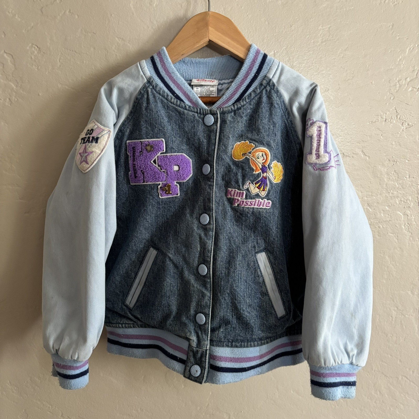 VINTAGE KIM POSSIBLE Girls Denim Varsity Bomber Jacket Kid Small 6/6x Disney Y2K VINTAGE KIM POSSIBLE Girls Denim Varsity Bomber Jacket Kid Small 6/6x Disney Y2K