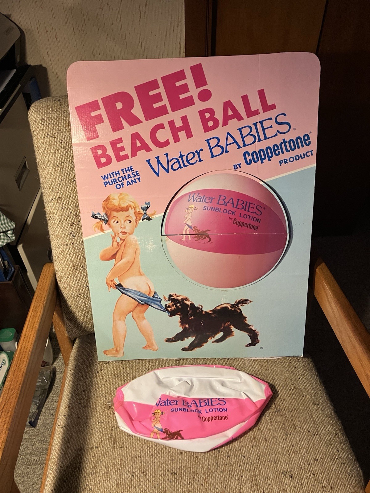 Vintage 1990’s Large Store Sign with Coppertone Girl and Dog for Free Beach Ball Vintage 1990’s Large Store Sign with Coppertone Girl and Dog for Free Beach Ball