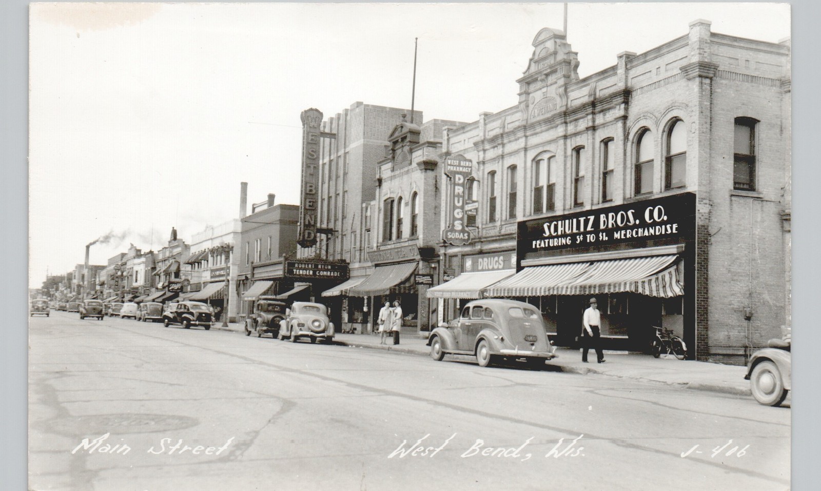 DOWNTOWN MAIN STREET west bend wi c1950 postcard wisconsin real photo rppc