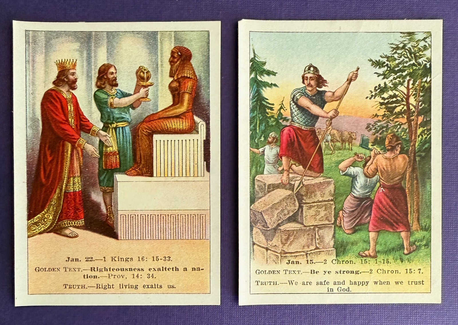 (2) Antique 1911 Bible Lesson Picture Cards Christian Sunday School  David  Cook