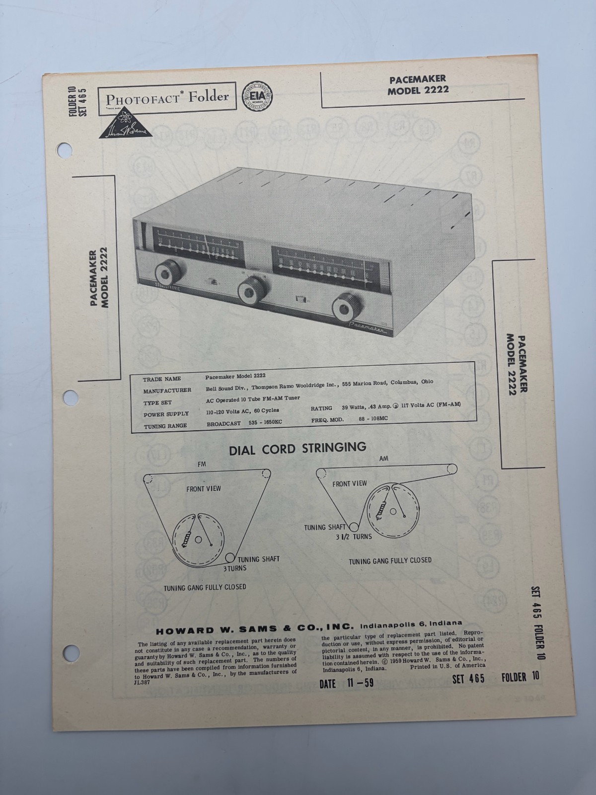 Original Sams Photofact Manual PACEMAKER 2222 FM-AM Tube Tuner W Schematic 1959
