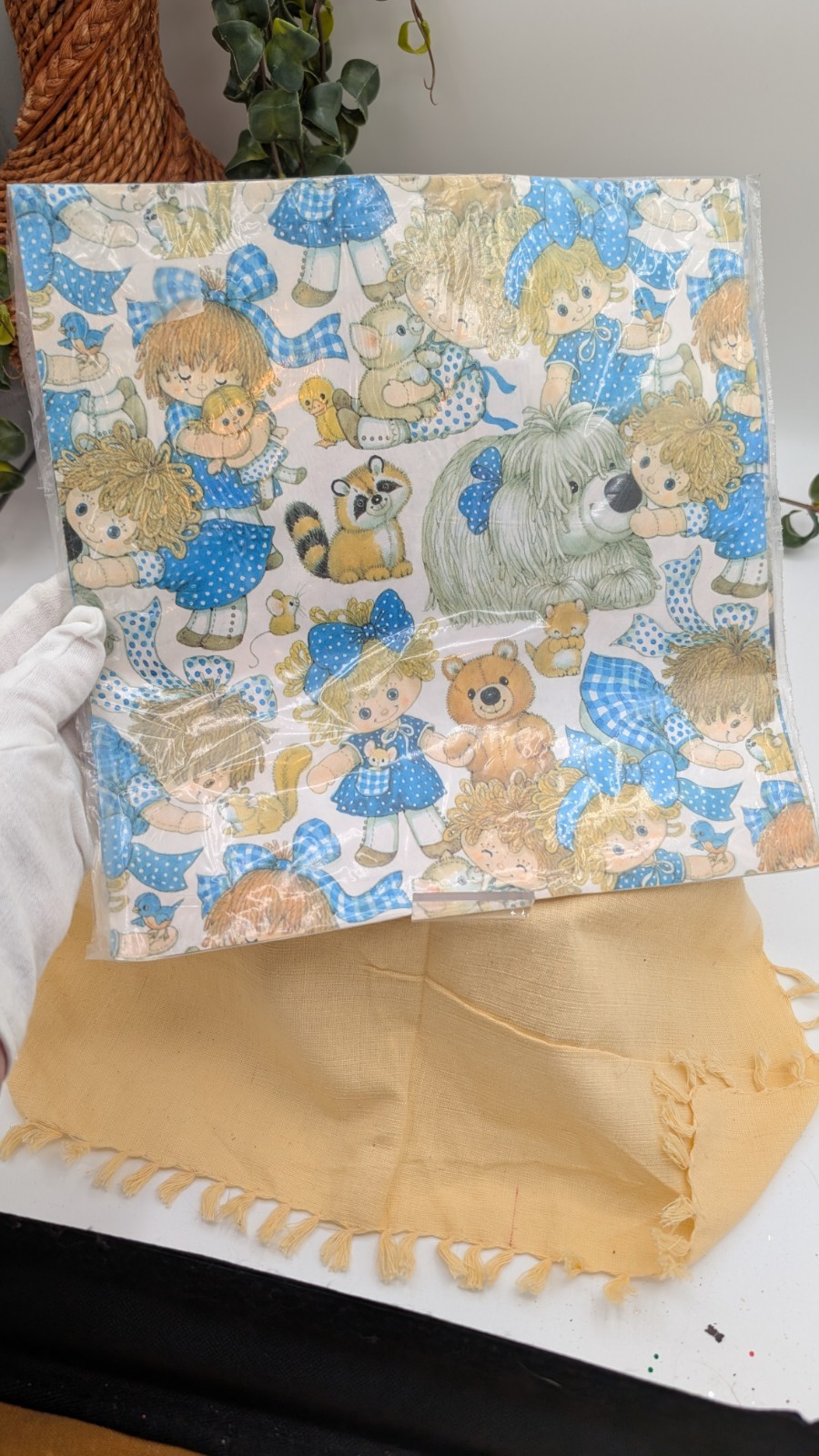 Vintage 1980s Blue Girl & Teddy Bear Gift Wrap, Cute Nursery Style Paper Sheet