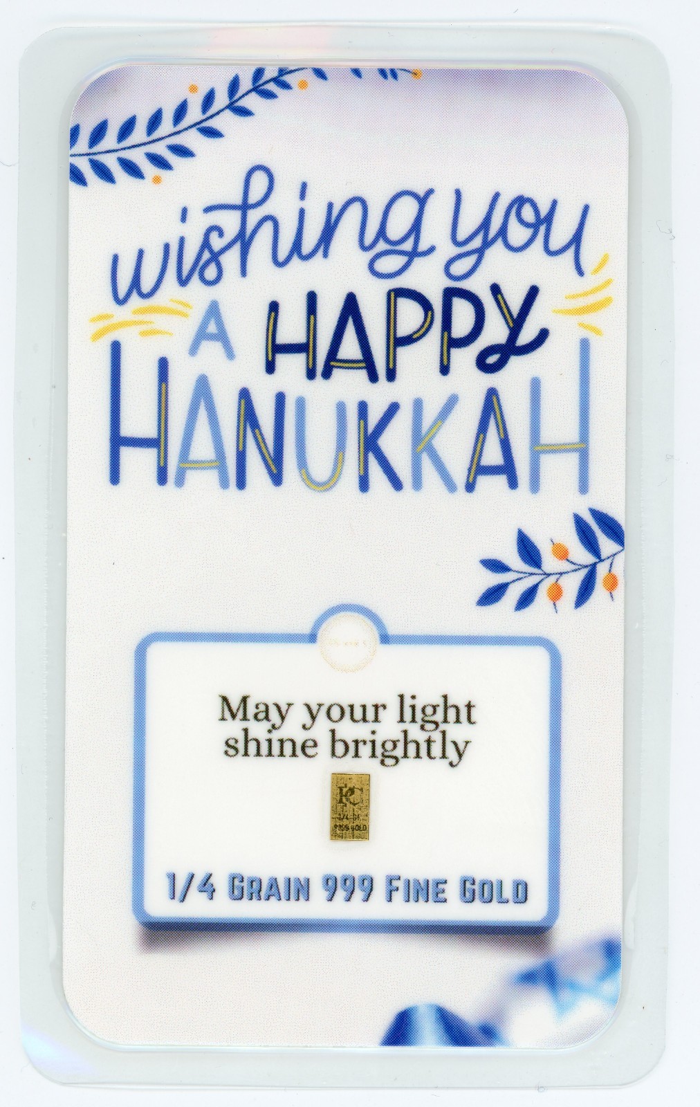 Happy Hanukkah 1/4 Grain 999 Fine Gold Bar in Assay Happy Hanukkah 1/4 Grain 999 Fine Gold Bar in Assay