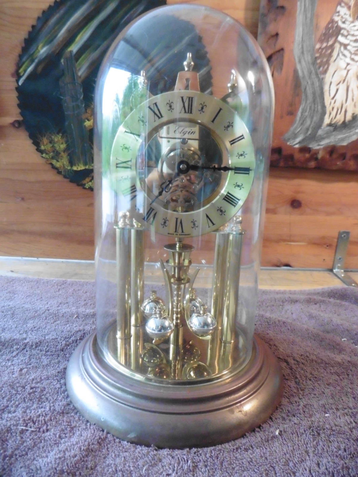 Vintage Elgin German S Haller Anniversary Torsion Clock Brass Base Glass Dome