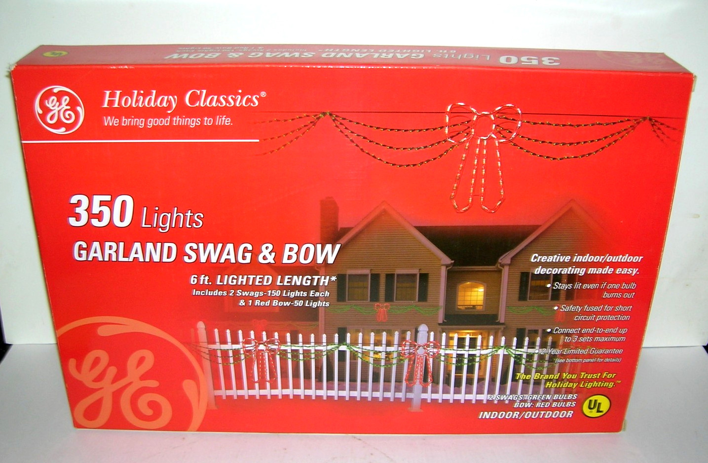 GE Holiday Classics 350 Light Garland Swag Bow Vintage 2002 Christmas Lights NOS