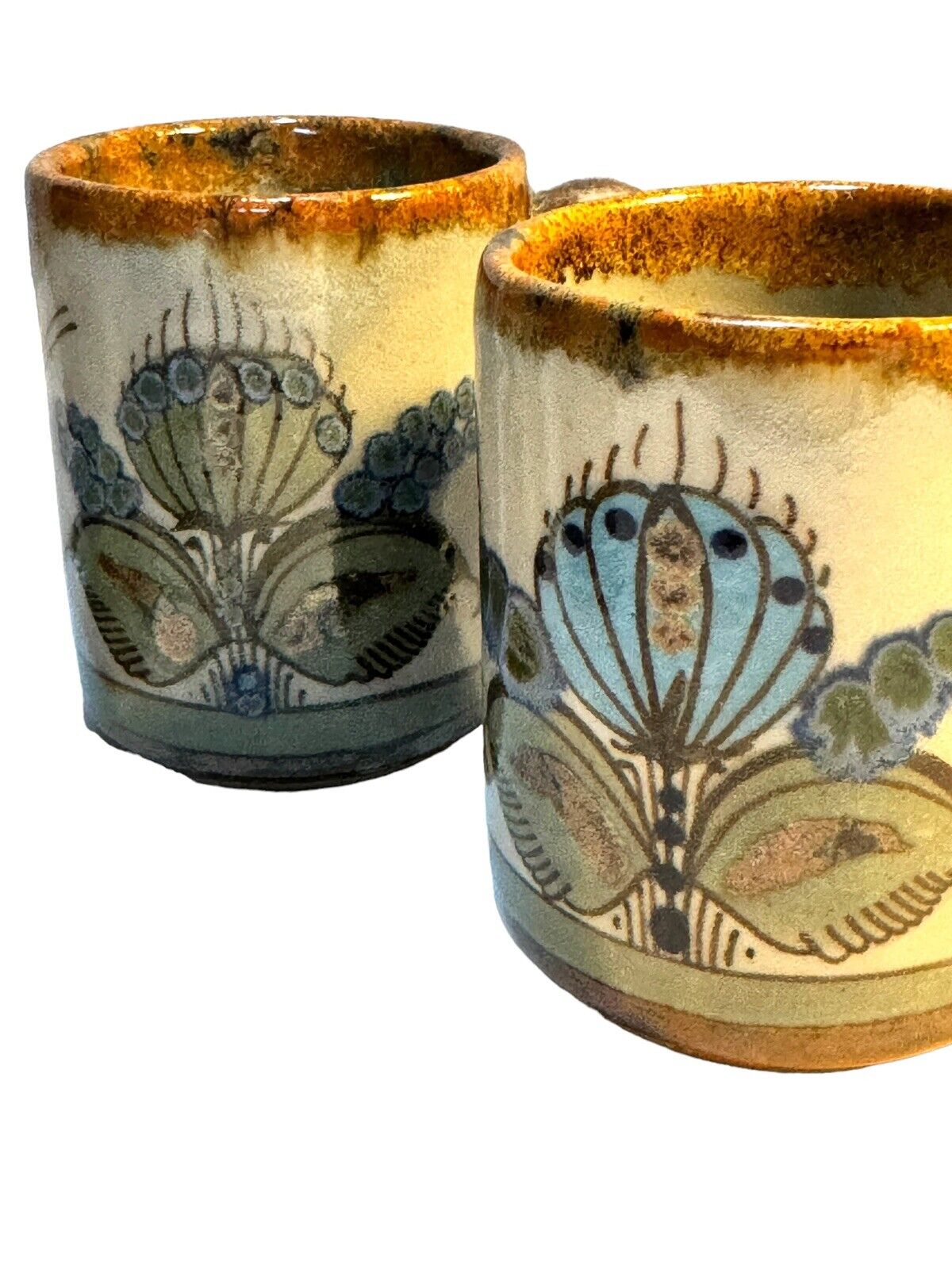 Tonala Coffee Mugs Set Of 4 Ken Edwards Vtg Mexican Pottery Bird Peyote Signed