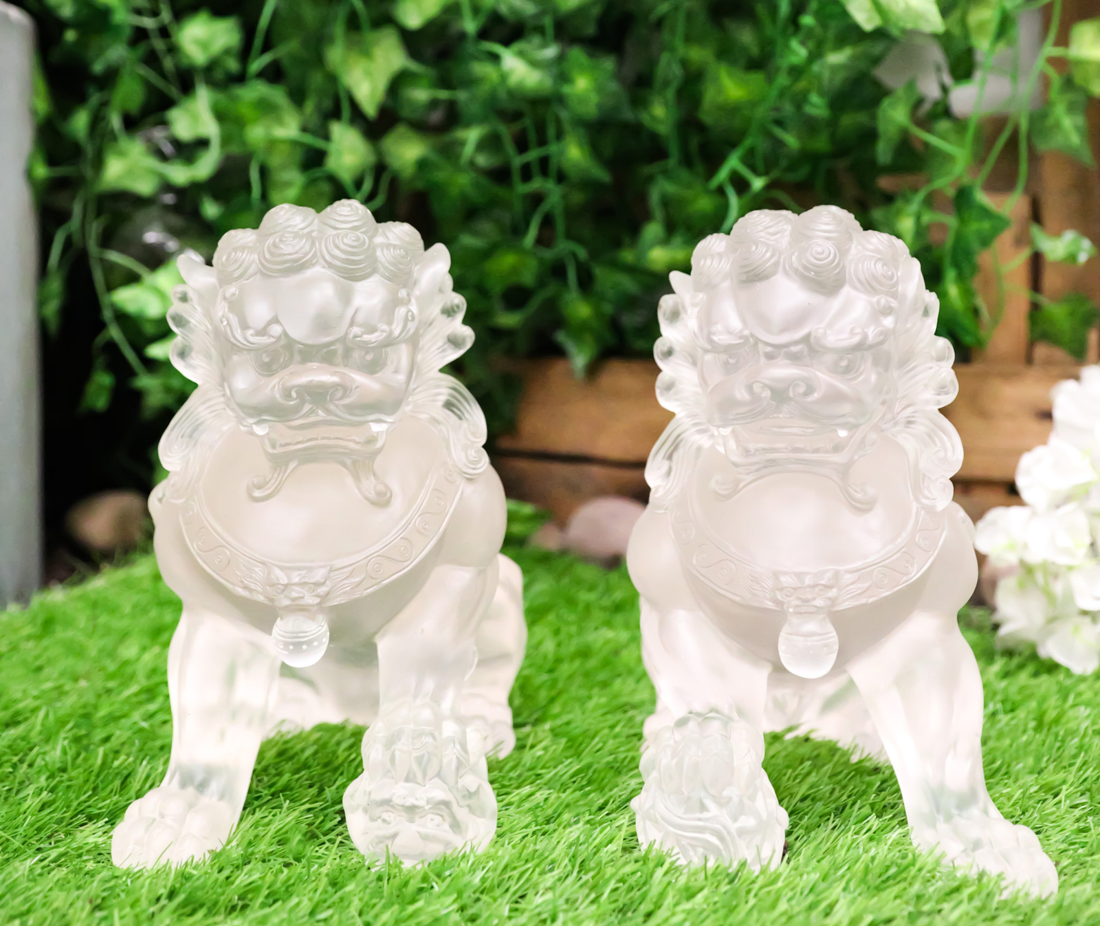 Ebros Lucite Acrylic Translucent Left and Right Pair Of Foo Dog Lion Statues Set