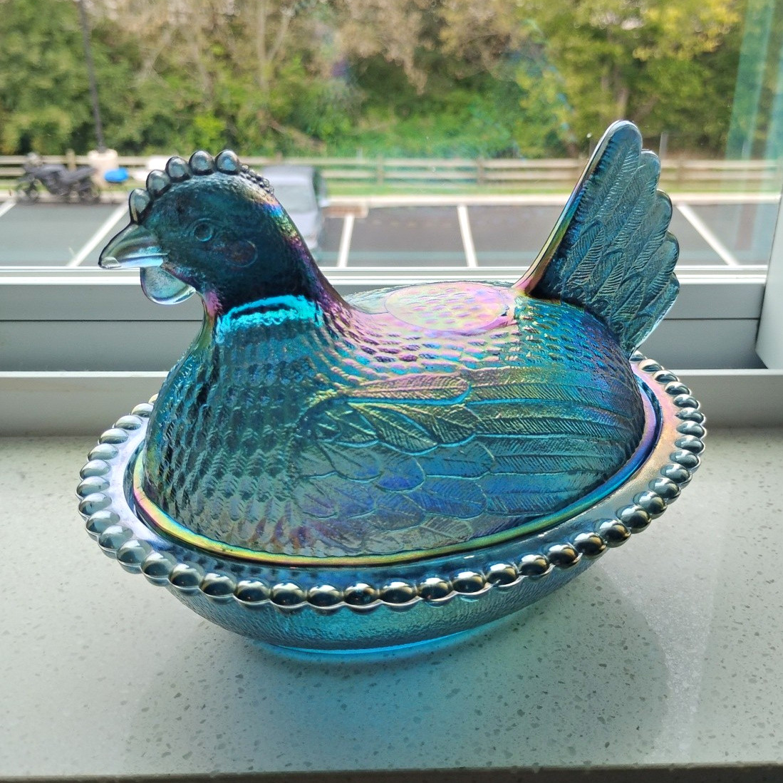 Iridescent Blue Carnival Glass Chicken Trinket Box Covered Dish