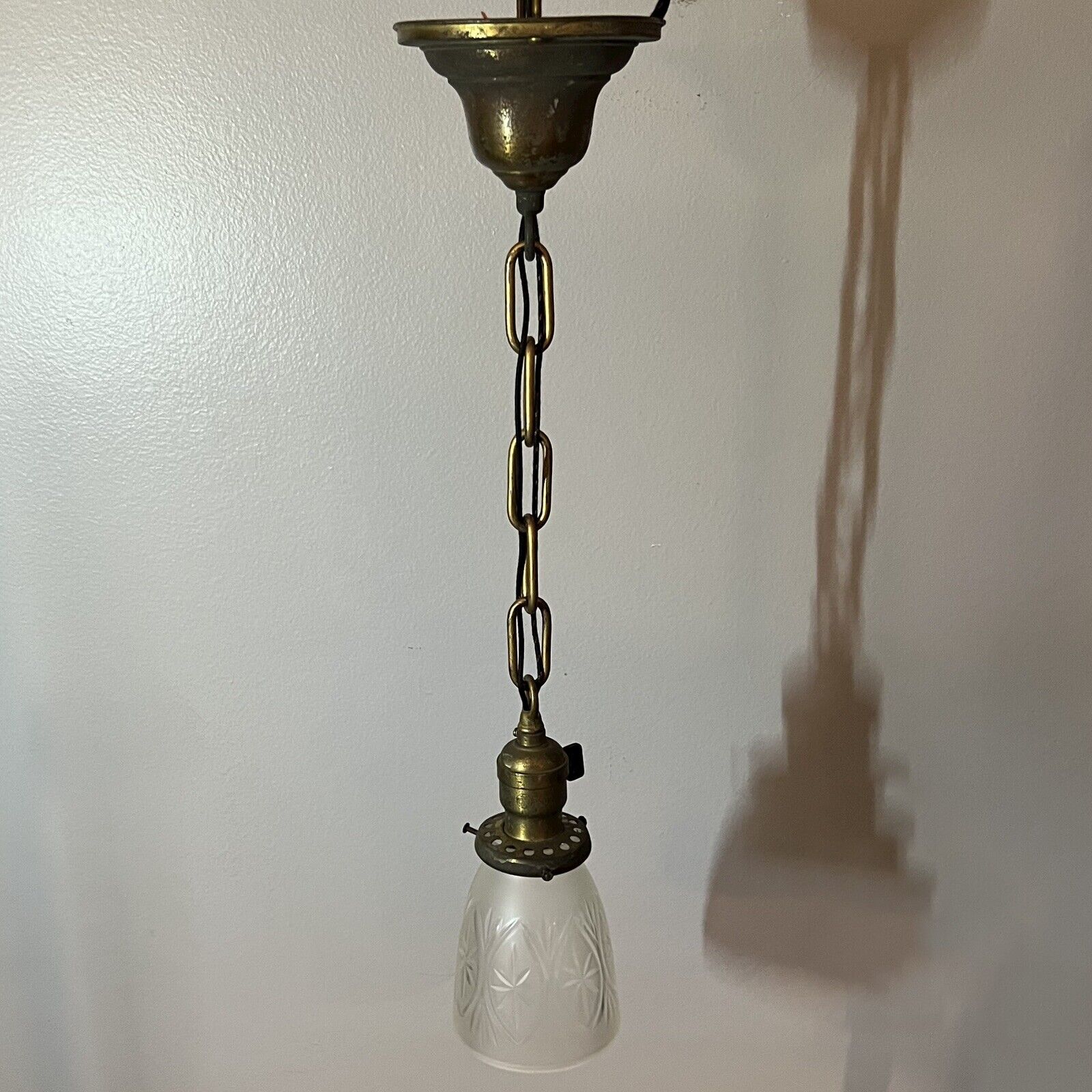 Single Antique Pendant Weathered Brass Rewired Etched Frosted Shade 3M