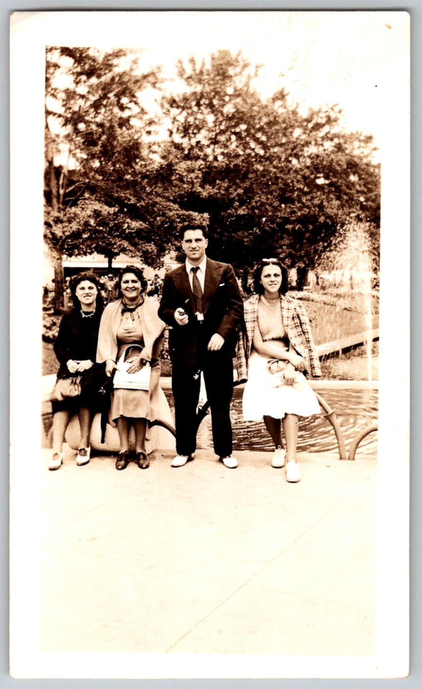 Vtg B&W Snapshot Four People Man Suit Three Women Park Fountain 1940s