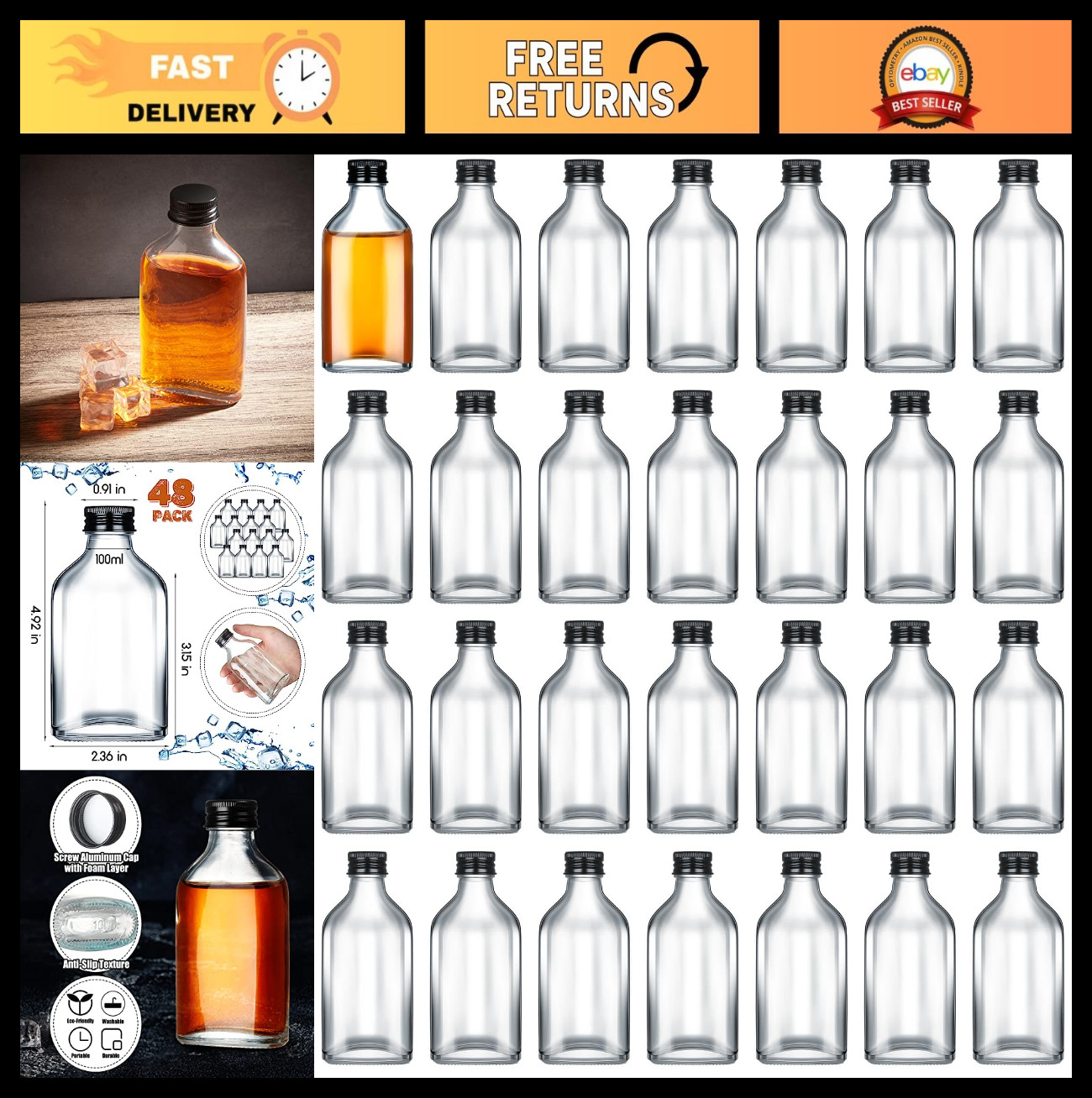 48 Pcs Mini Glass Bottles with Caps - Clear Flask Liquor Shot Bottles for DIY Gi