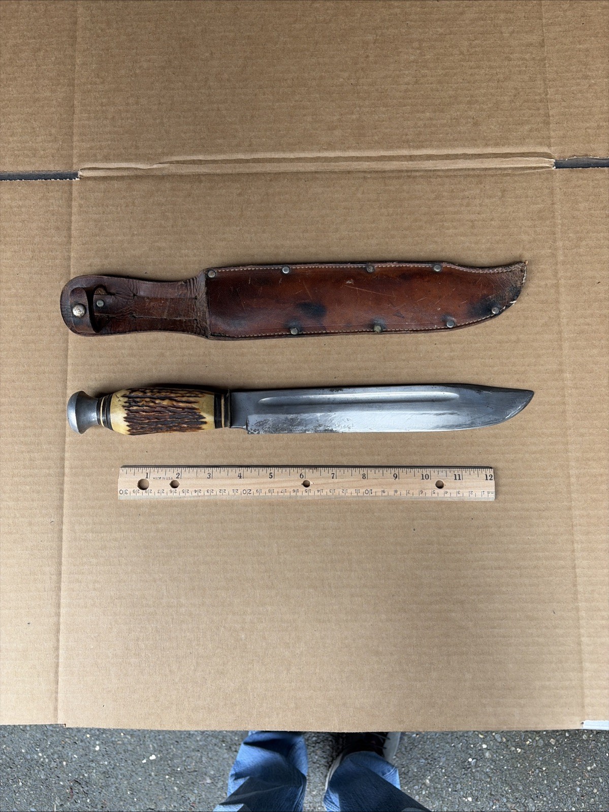 Vtg 15” Lg Art.Ullis Carbon Steel Stag Handle Fix Blade Hunting Knife Tacoma Wa
